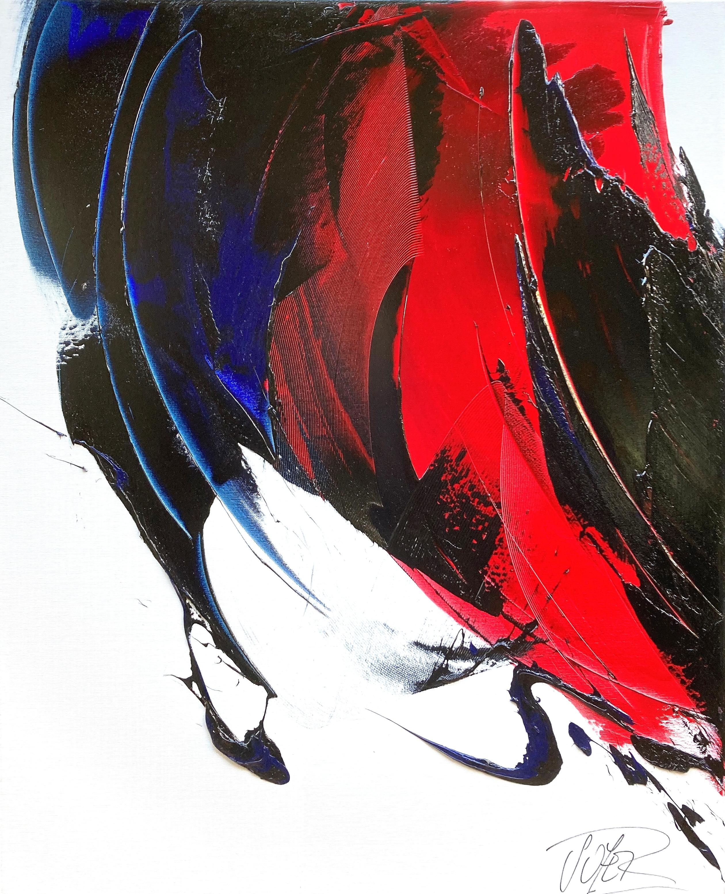 Abstract Painting di Jean Soyer - Composizione lirica astratta dinamica rossa e blu Pittura ad olio moderna