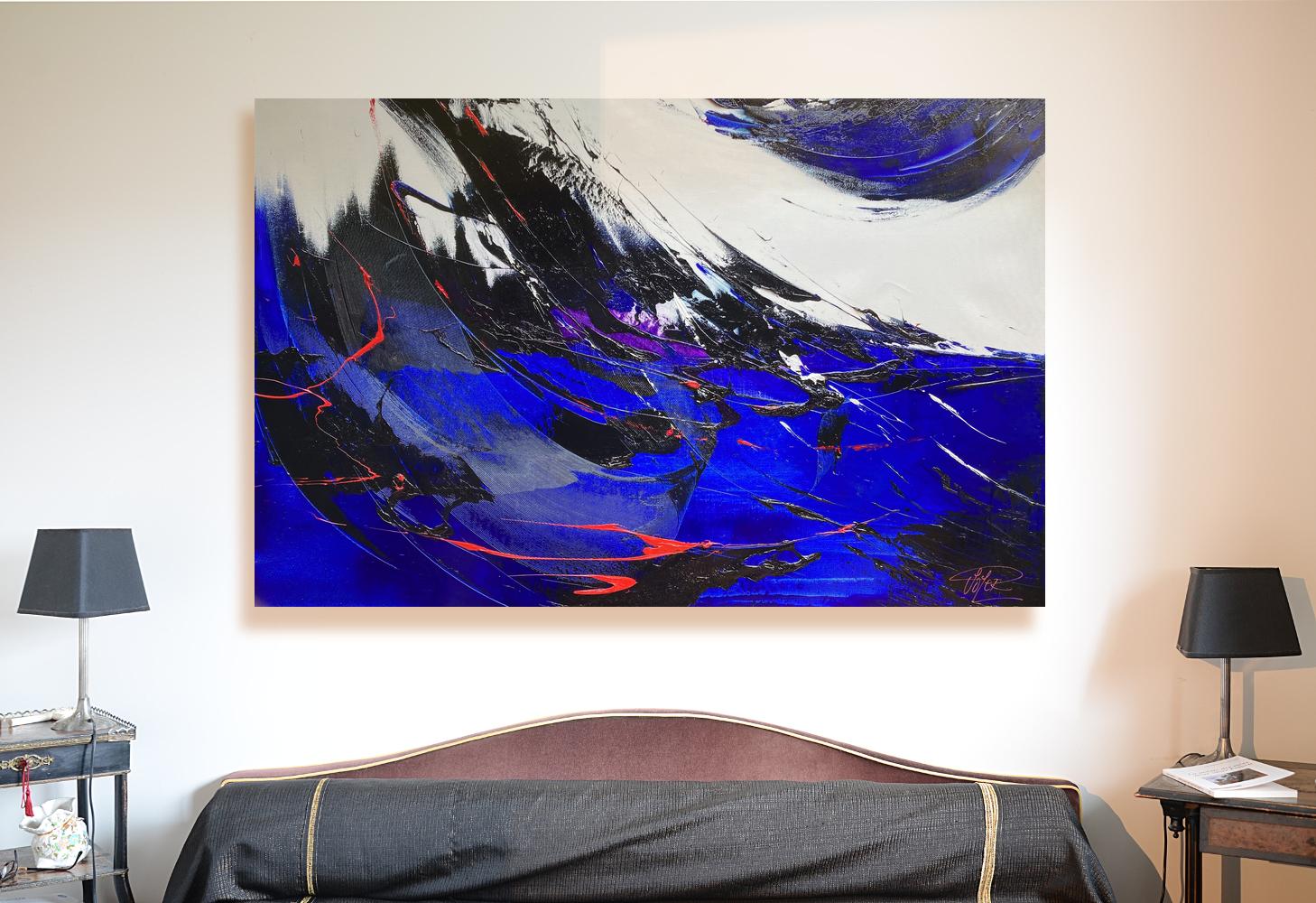 Sinfonia astratta dinamica in blu e nero con rosso Pittura ad olio moderna in vendita 6
