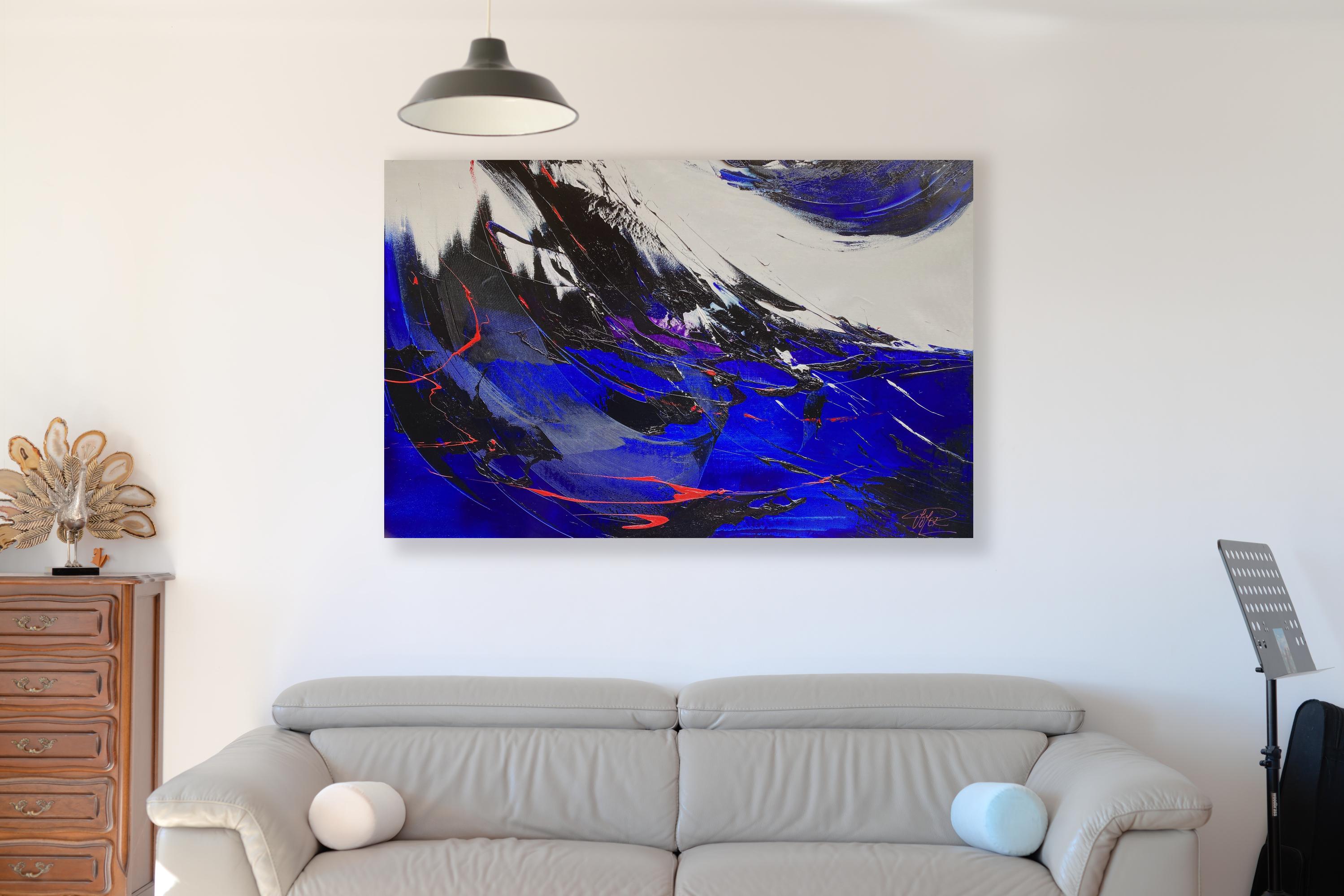 Sinfonia astratta dinamica in blu e nero con rosso Pittura ad olio moderna - Painting di Jean Soyer