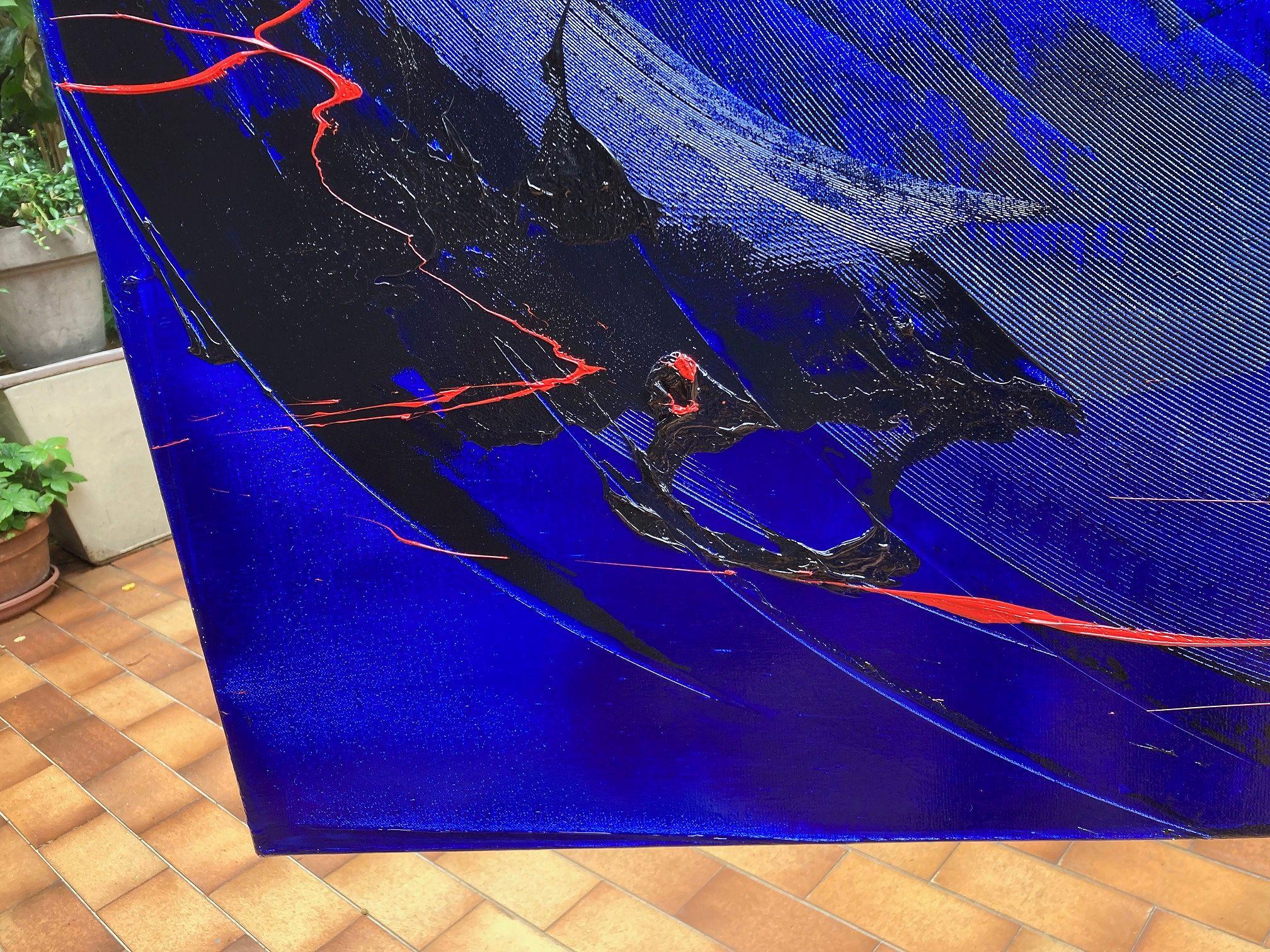 Sinfonia astratta dinamica in blu e nero con rosso Pittura ad olio moderna in vendita 2