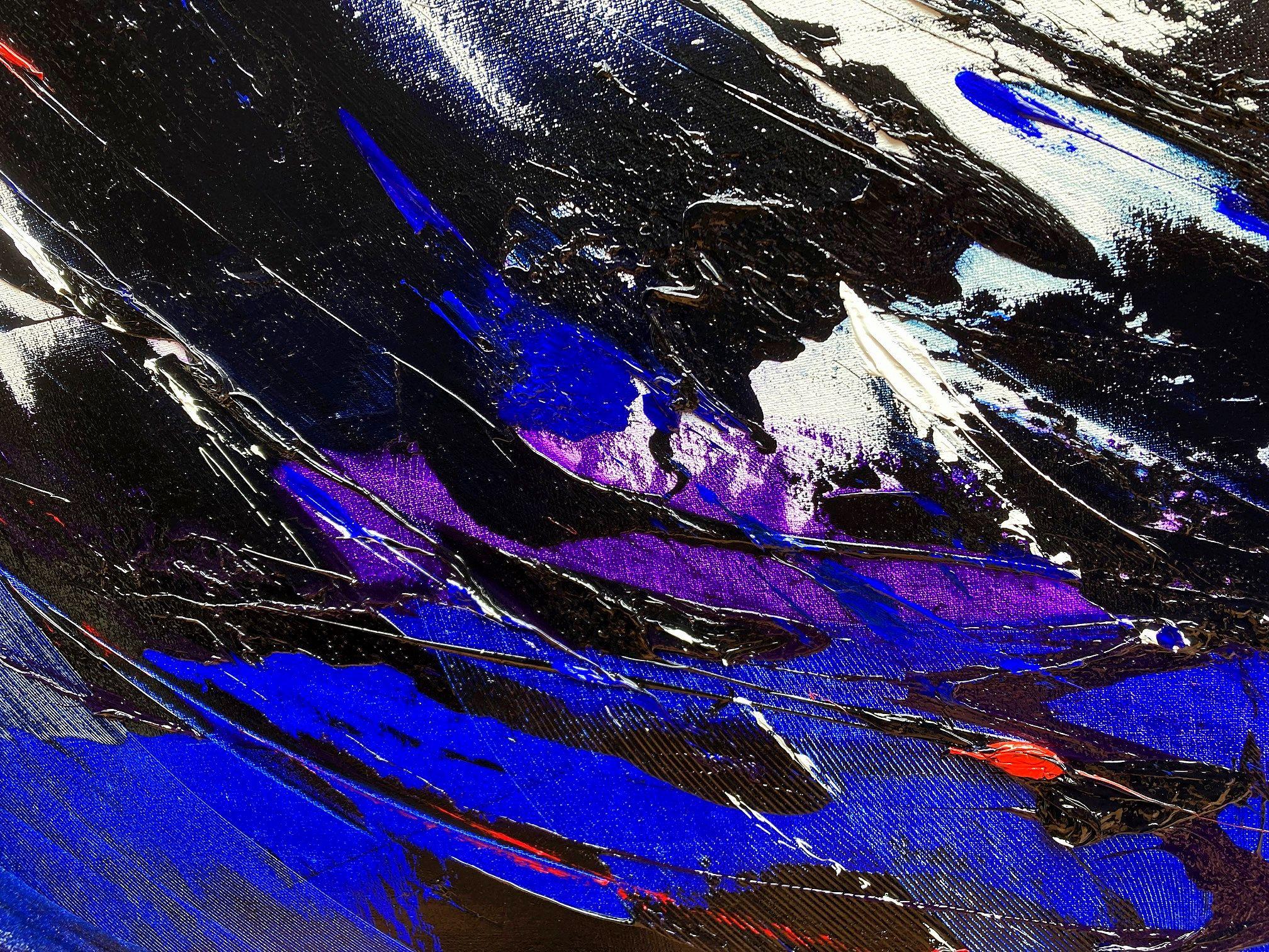 Sinfonia astratta dinamica in blu e nero con rosso Pittura ad olio moderna in vendita 4
