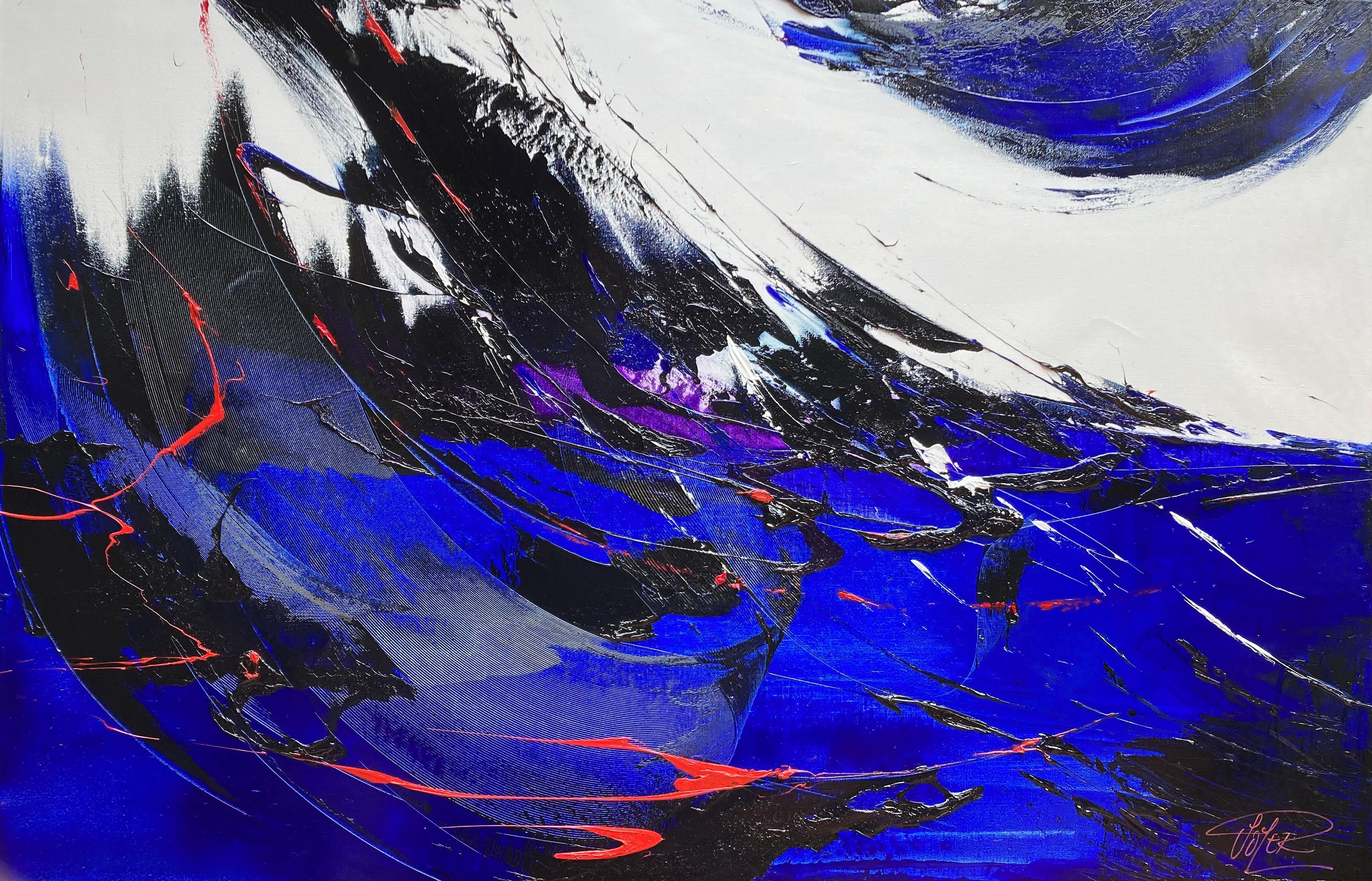 Abstract Painting di Jean Soyer - Sinfonia astratta dinamica in blu e nero con rosso Pittura ad olio moderna