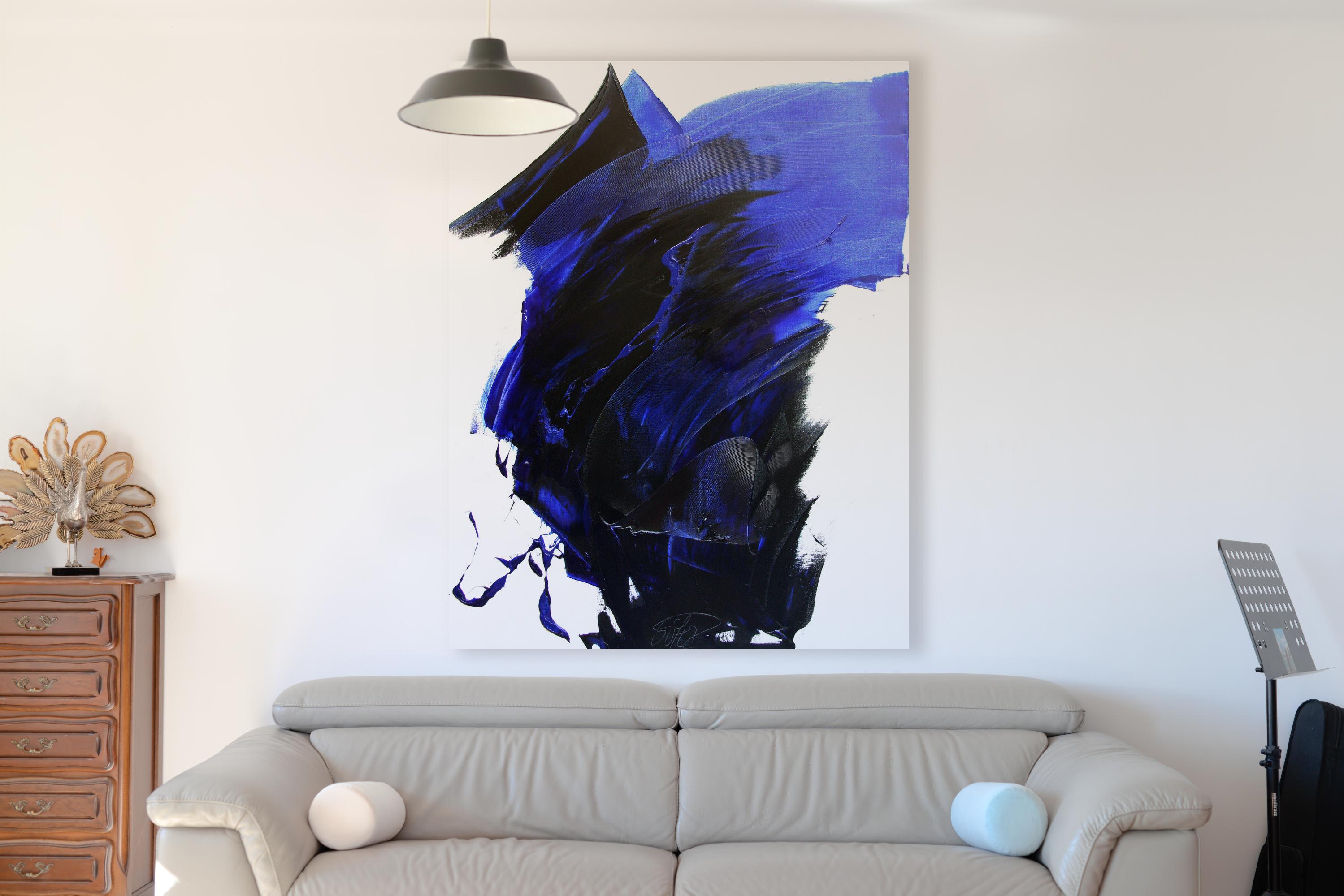 Pittura ad olio espressionista astratta dinamica blu e nera di Jean Soyer in vendita 1