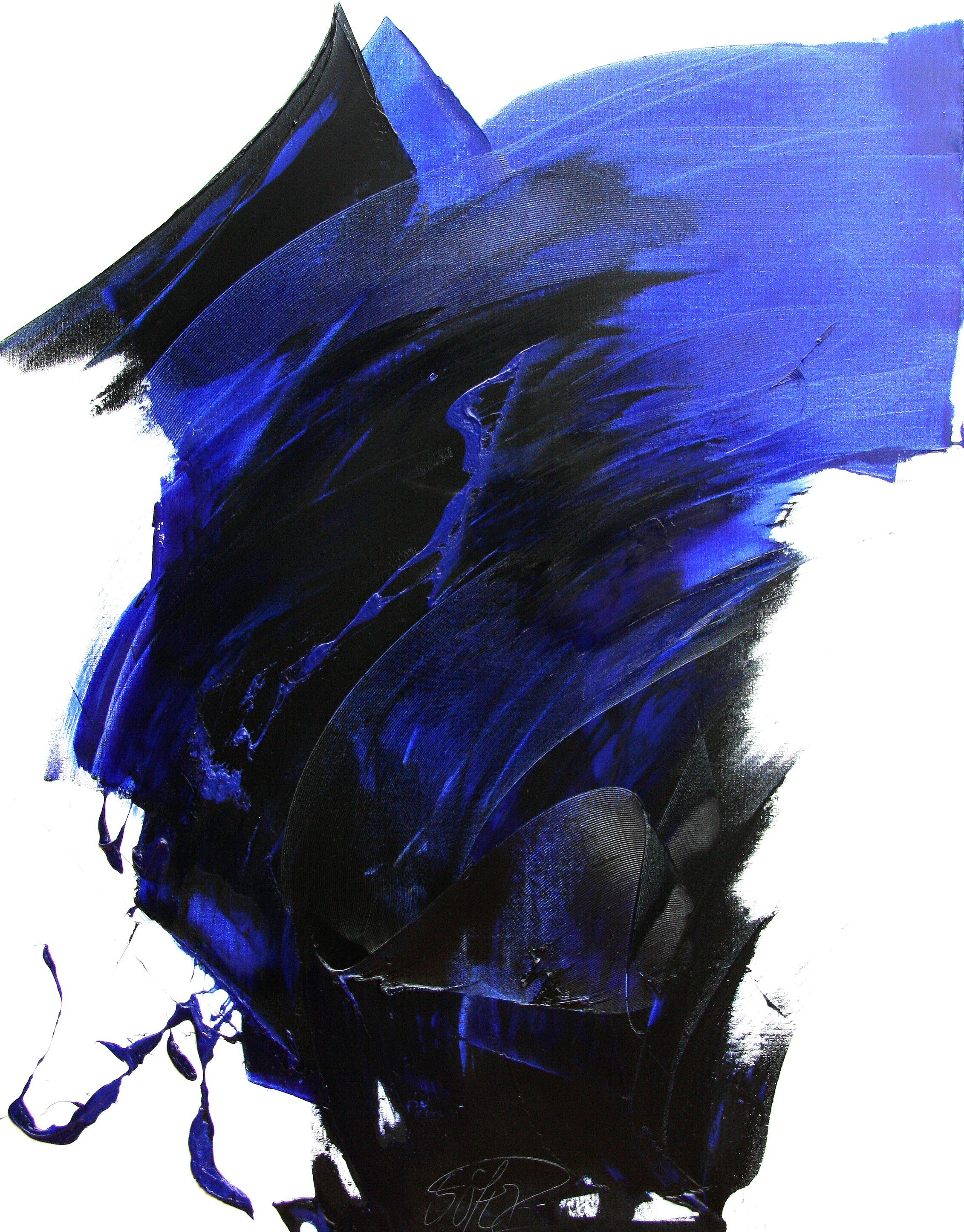 Un potente dipinto astratto a olio su tela (57,5 x 44,9 pollici) dell'artista contemporaneo Jean Soyer. Questa composizione dinamica è caratterizzata da audaci pennellate di blu profondo e nero, create con grandi pennelli e pettini che generano