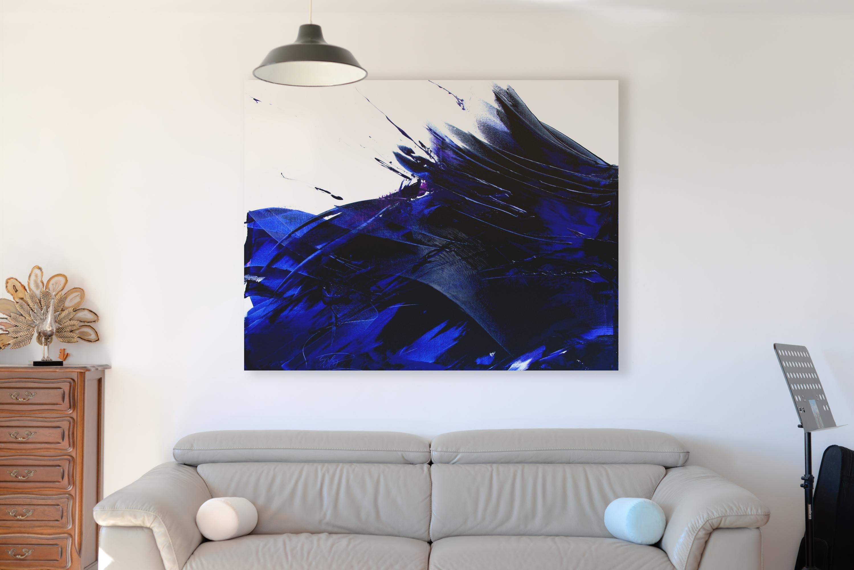 Pittura a olio moderna astratta blu scuro dinamica di Marin di Jean Soyer in vendita 1