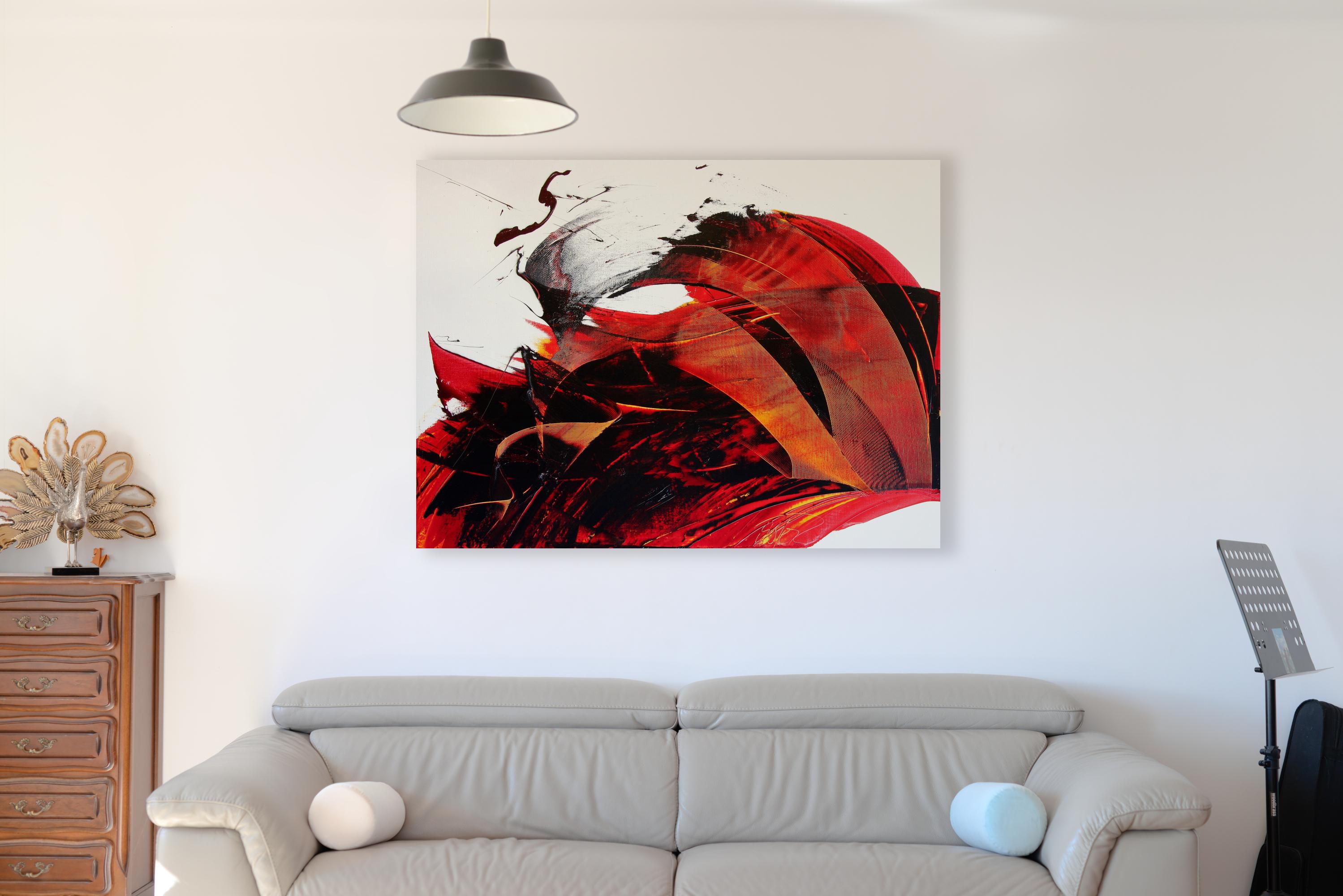 Pittura a olio dinamica rosso scuro su bianco Arte moderna contemporanea astratta - Painting di Jean Soyer