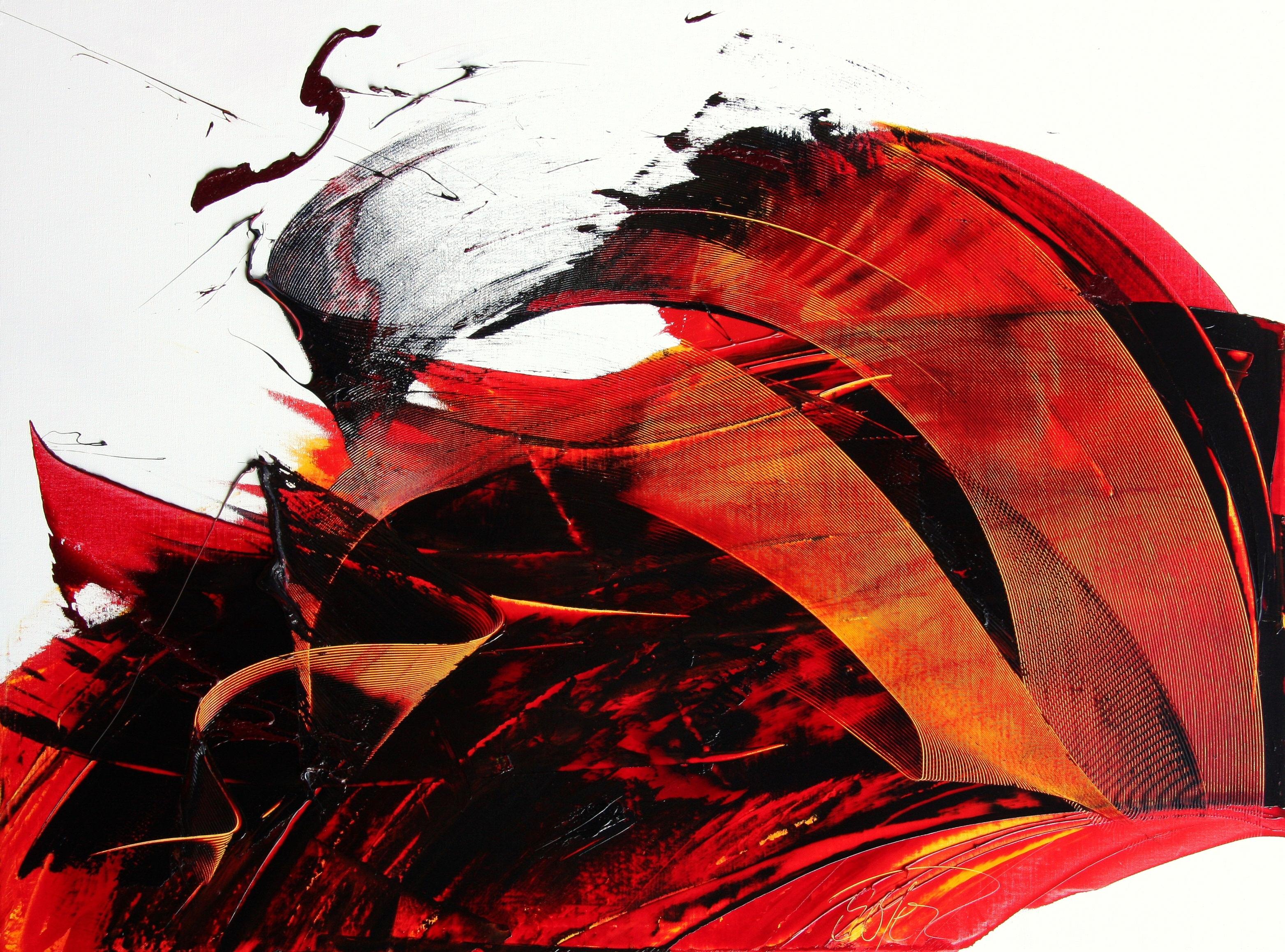 Abstract Painting di Jean Soyer - Pittura a olio dinamica rosso scuro su bianco Arte moderna contemporanea astratta