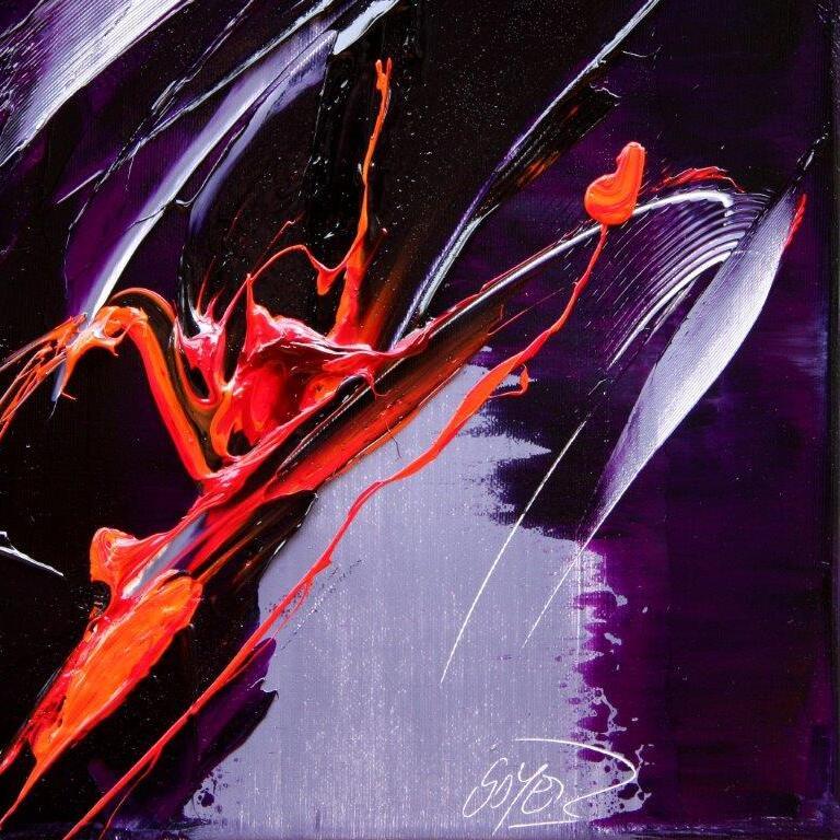 Danza astratta dinamica rossa e viola Piccolo dipinto a olio moderno di Jean Soyer in vendita 2