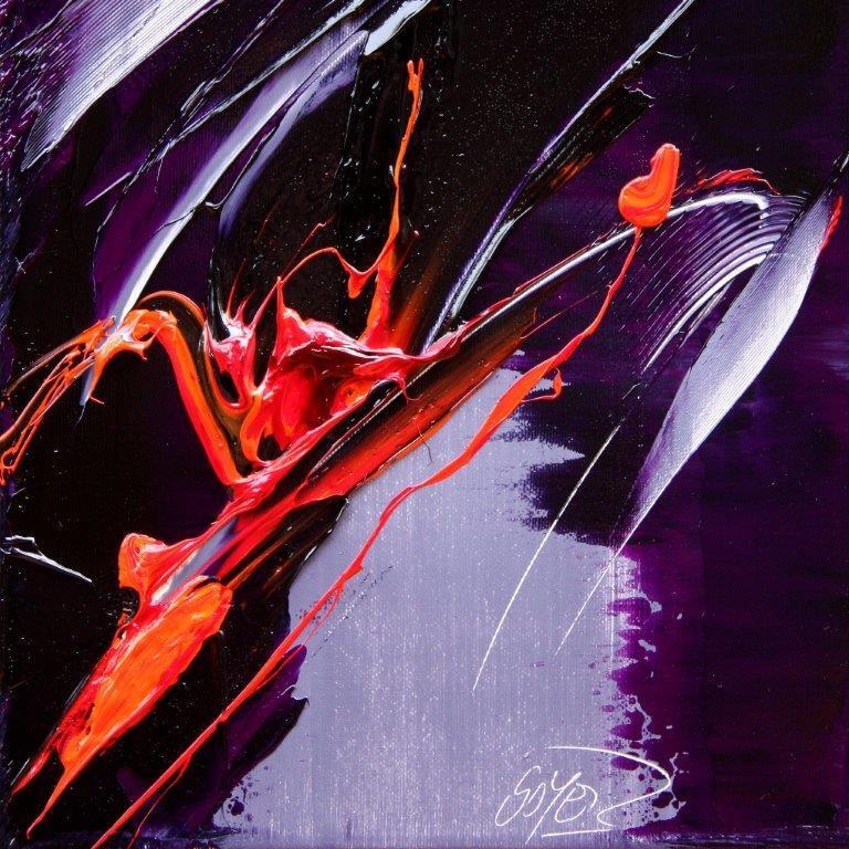 Danza astratta dinamica rossa e viola Piccolo dipinto a olio moderno di Jean Soyer in vendita 3
