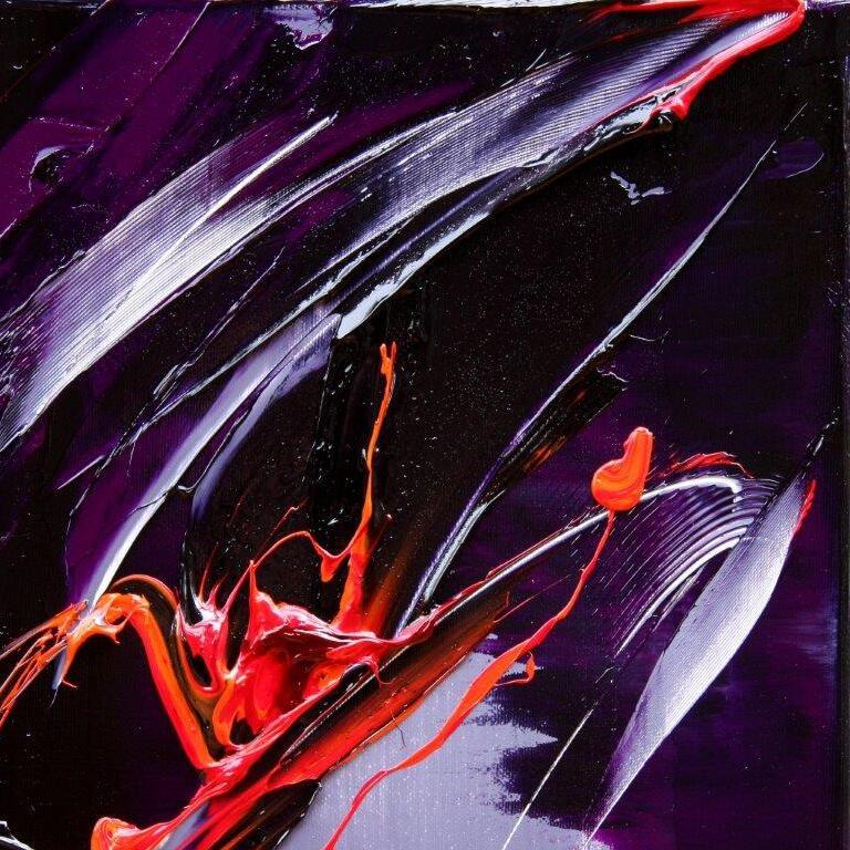 Danza astratta dinamica rossa e viola Piccolo dipinto a olio moderno di Jean Soyer in vendita 4