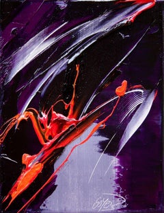 Danse abstraite dynamique rouge et violet Petite peinture à l'huile moderne de Jean Soyer