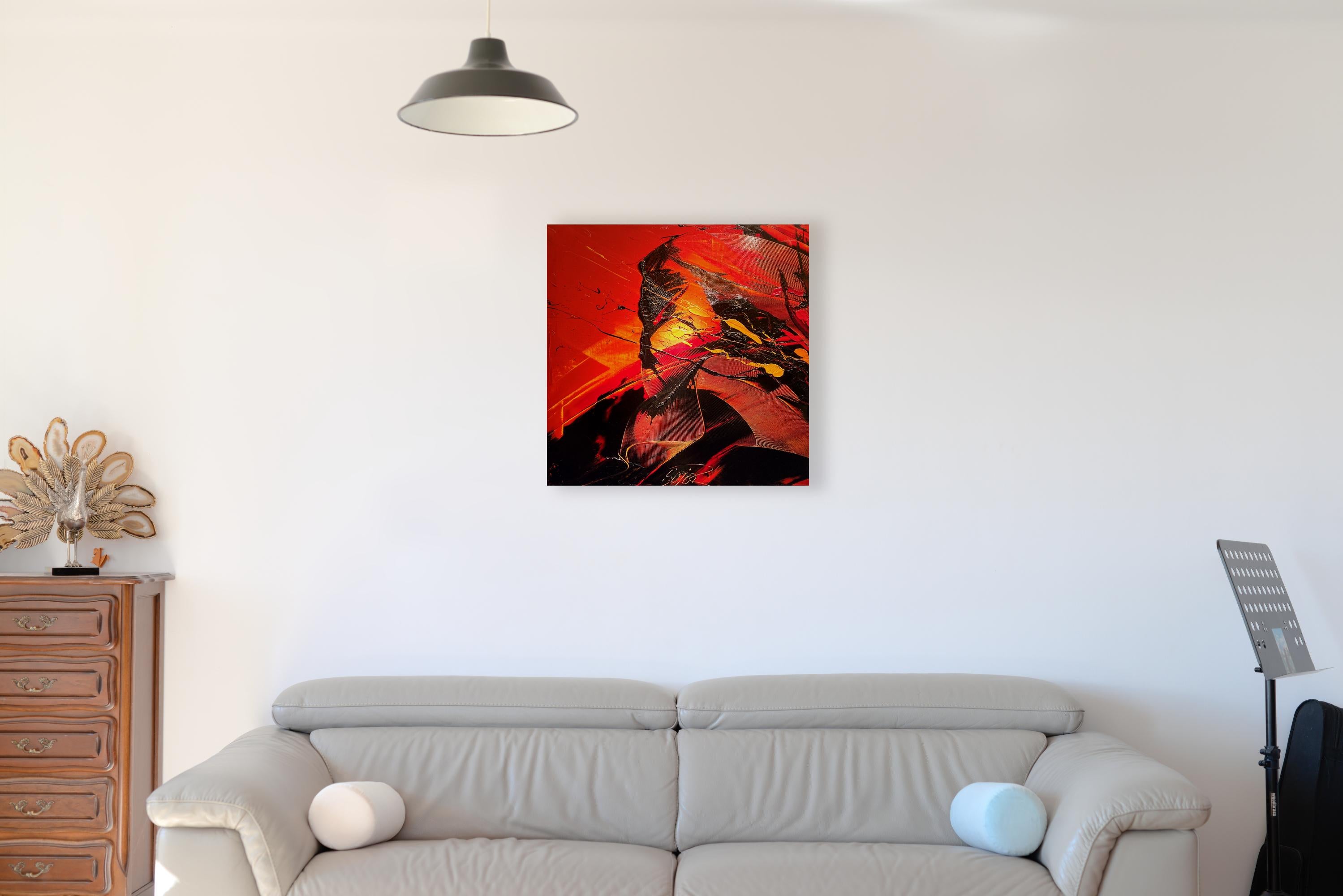 Pittura a olio astratta rossa dinamica: Energia vulcanica di Jean Soyer in vendita 1