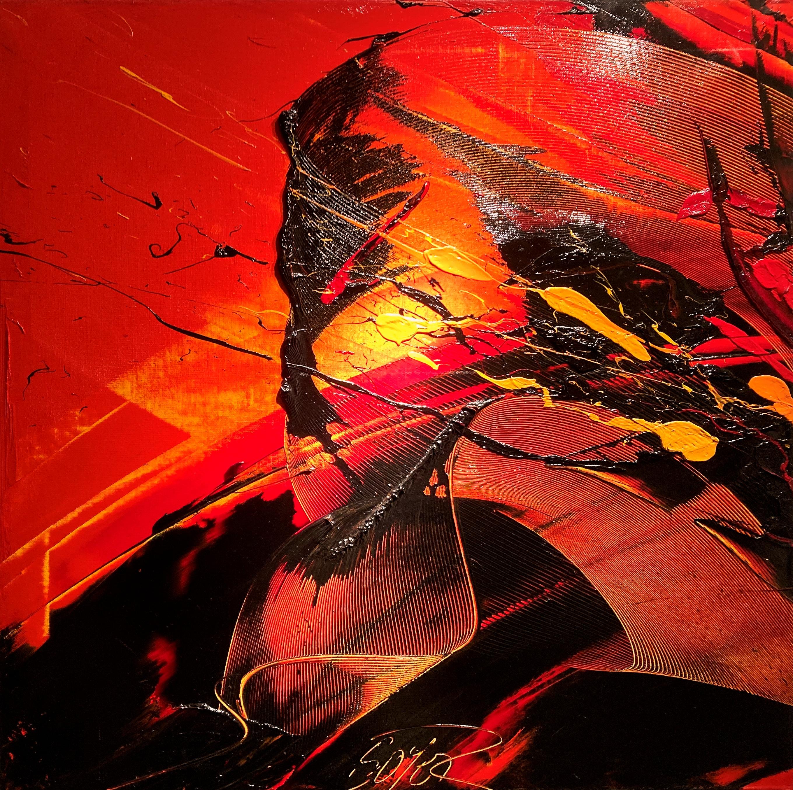 Un potente dipinto astratto a olio su tela di Jean Soyer, caratterizzato da pennellate dinamiche di rosso vibrante, arancione infuocato, giallo e nero profondo. Quest'opera d'arte contemporanea misura 25,6 x 25,6 pollici (65 x 65 cm) e mette in