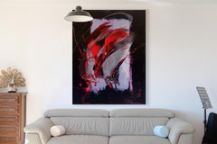 Abstrakt-expressionistisches Ölgemälde der Dynamik in Rot, Schwarz und Helllila