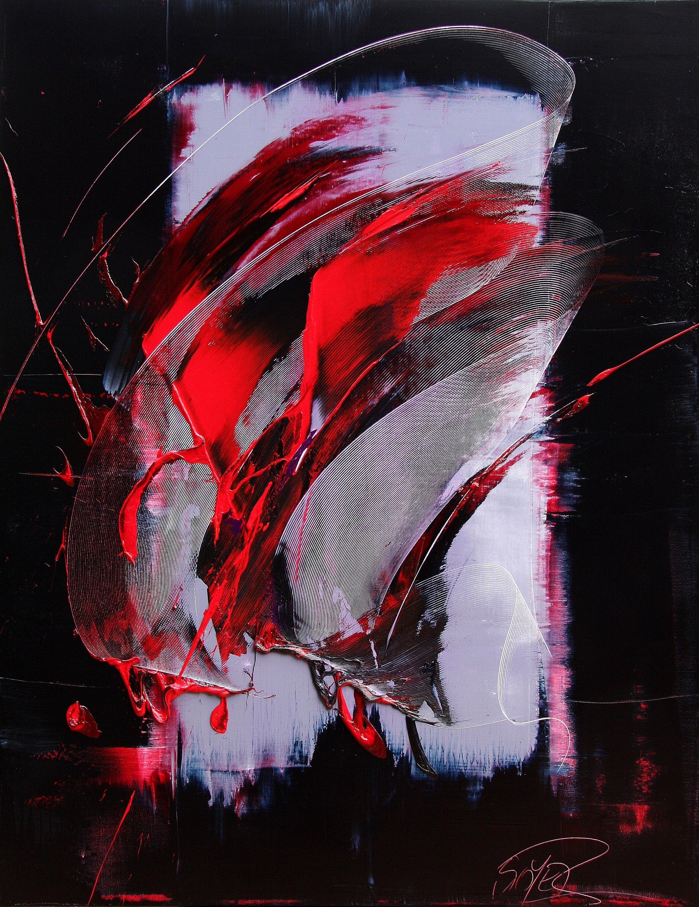 Abstract Painting di Jean Soyer - Pittura ad olio espressionista astratta dinamica rossa, nera e viola chiaro