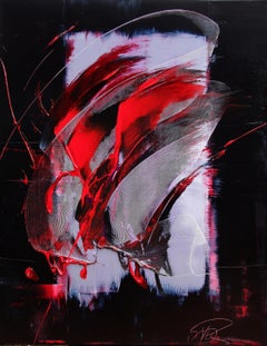 Pittura ad olio espressionista astratta dinamica rossa, nera e viola chiaro