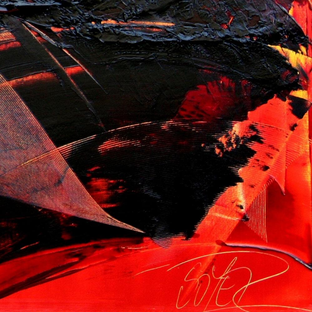 Un potente dipinto astratto a olio su tela di grandi dimensioni (45 x 57,5 pollici) dell'artista contemporaneo Jean Soyer. L'opera d'arte è caratterizzata da movimenti ampi e drammatici in rosso e nero intenso, realizzati con la tecnica dell'impasto