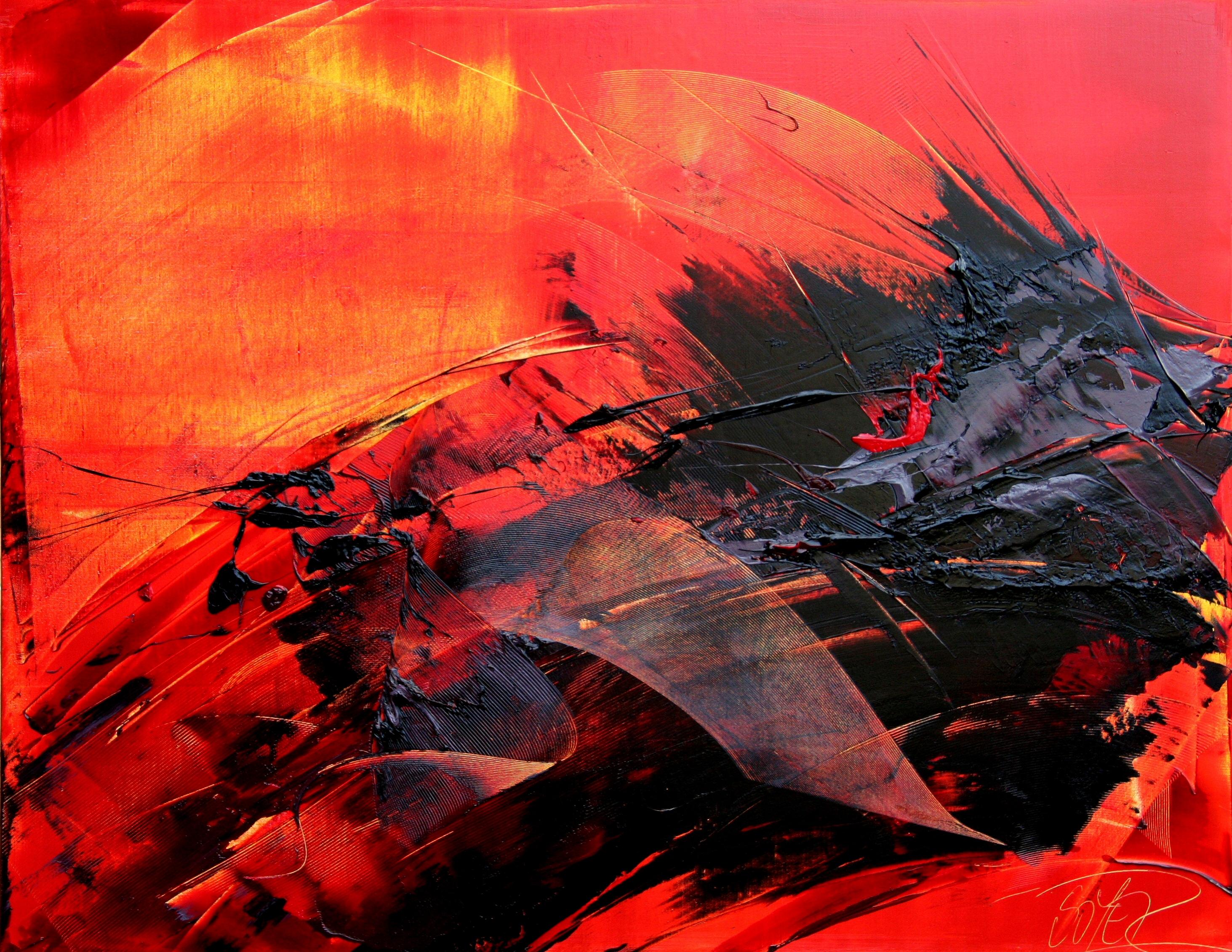Abstract Painting di Jean Soyer - Pittura ad olio astratta dinamica rossa e nera  Espressionismo contemporaneo