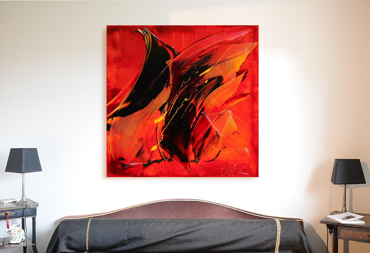 Pittura ad olio astratta dinamica rossa e nera Phoenix Rising di Jean Soyer in vendita 9