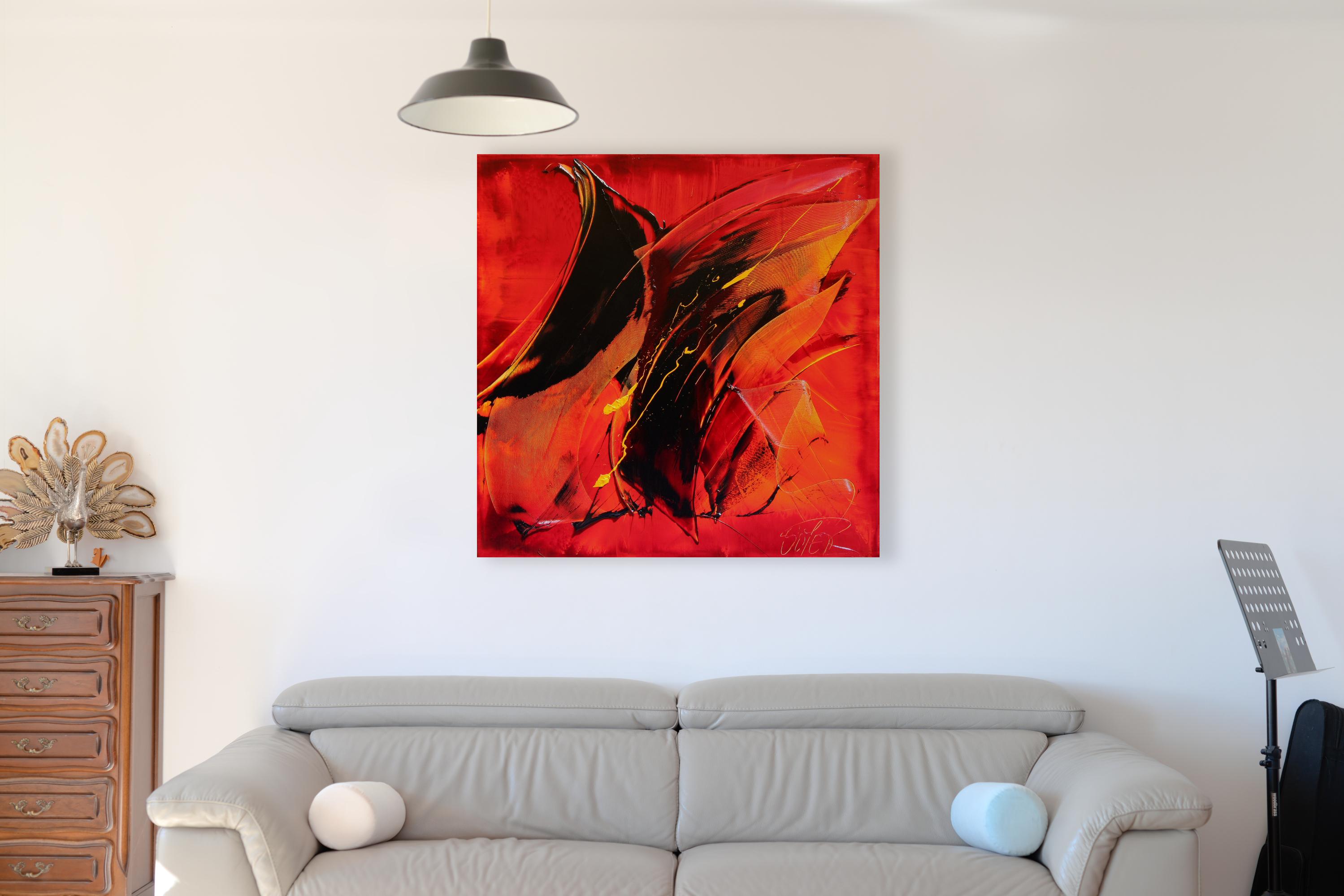 Pittura ad olio astratta dinamica rossa e nera Phoenix Rising di Jean Soyer in vendita 1