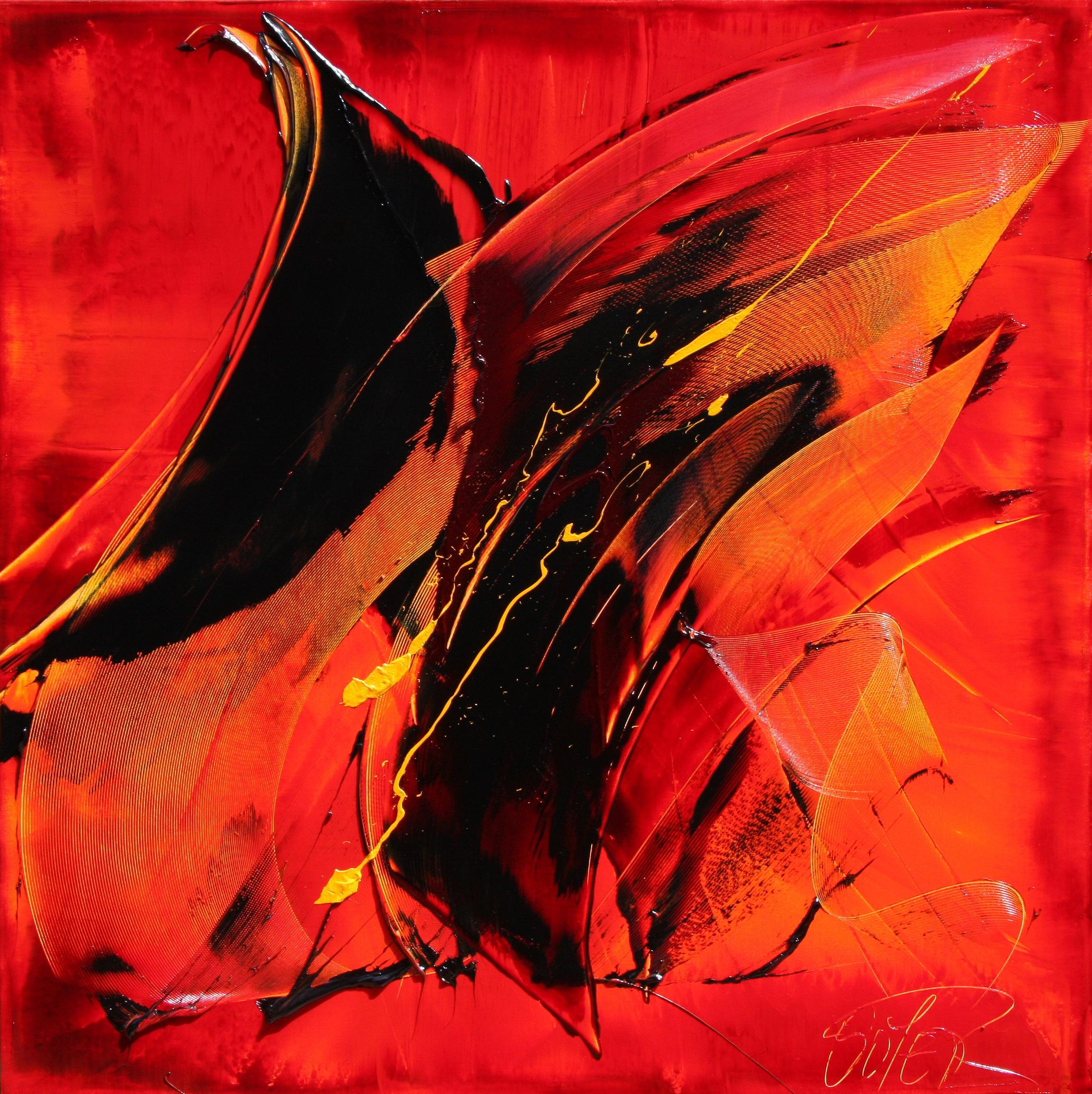 Questa sorprendente opera d'arte astratta di Jean Soyer presenta pennellate dinamiche in rosso, arancione, giallo e nero su tela. Questo dipinto a olio, che misura 39,4 x 39,4 pollici (100 x 100 cm), mette in mostra la tecnica distintiva di Soyer,