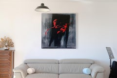 Dynamic Red Calligraphy on Black Abstract Expressionist Canvas Oil Painting