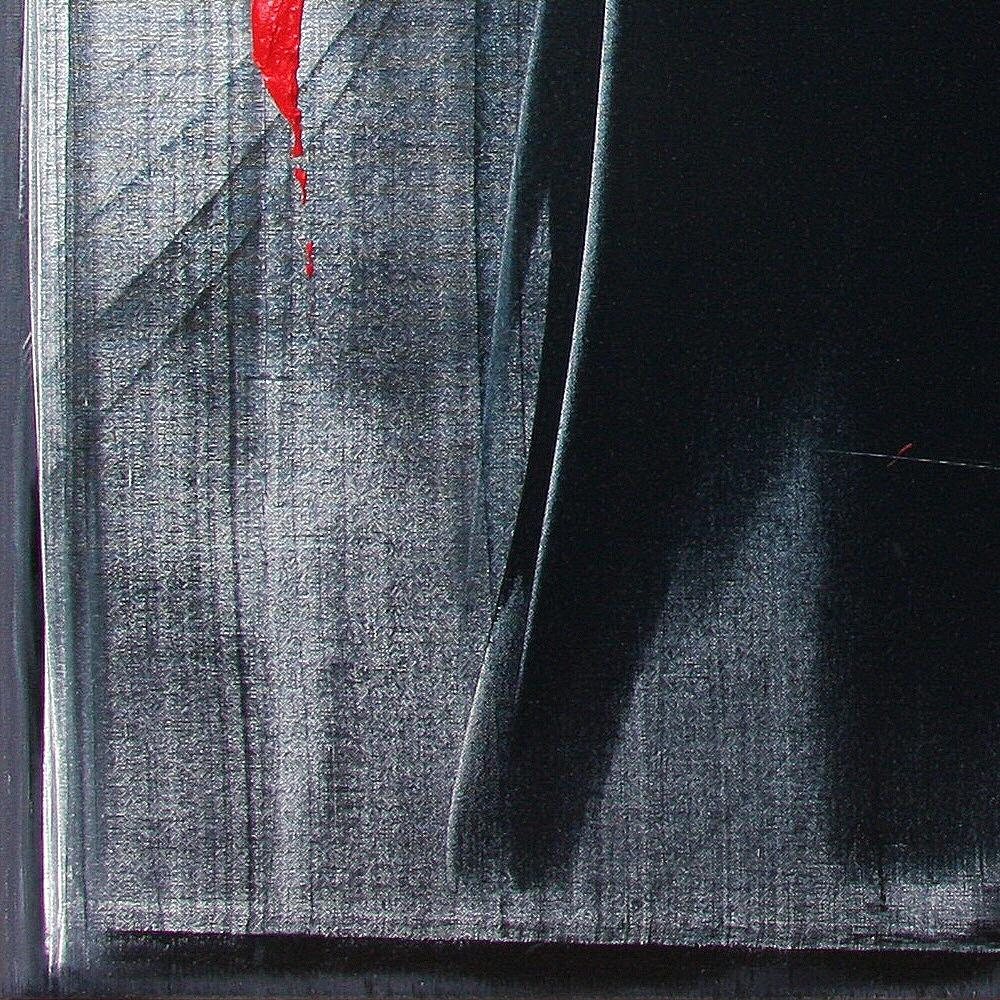Caligrafía roja dinámica sobre lienzo negro Pintura al óleo expresionista abstracta - Abstract Painting Negro de Jean Soyer