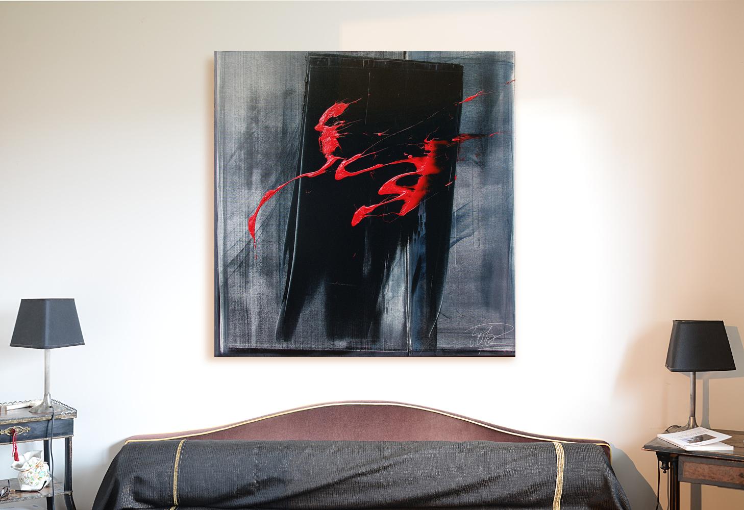 Caligrafía roja dinámica sobre lienzo negro Pintura al óleo expresionista abstracta en venta 3