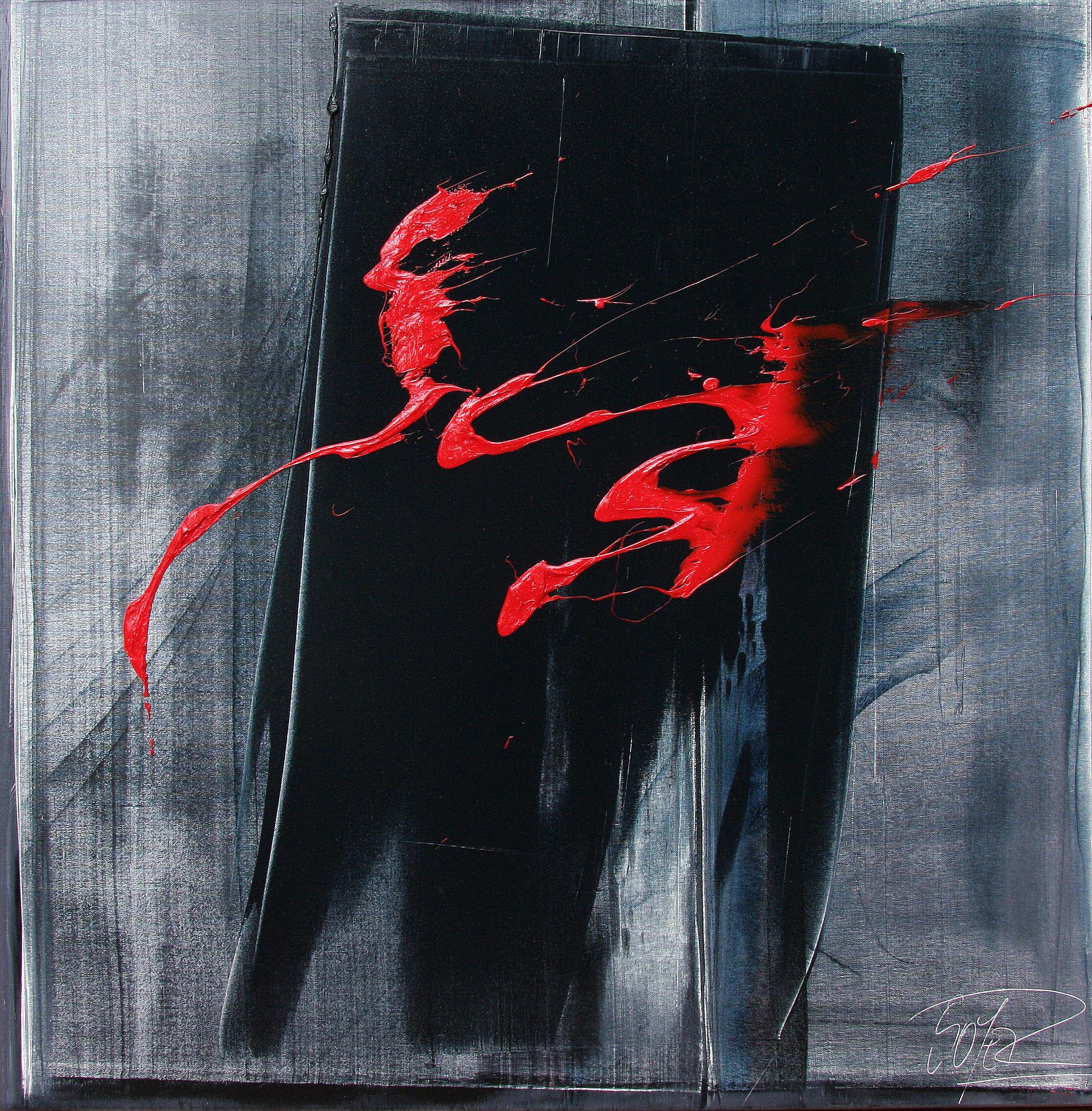 Abstract Painting de Jean Soyer - Caligrafía roja dinámica sobre lienzo negro Pintura al óleo expresionista abstracta