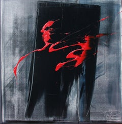Dynamic Red Calligraphy on Black Abstract Expressionist Canvas Oil Painting