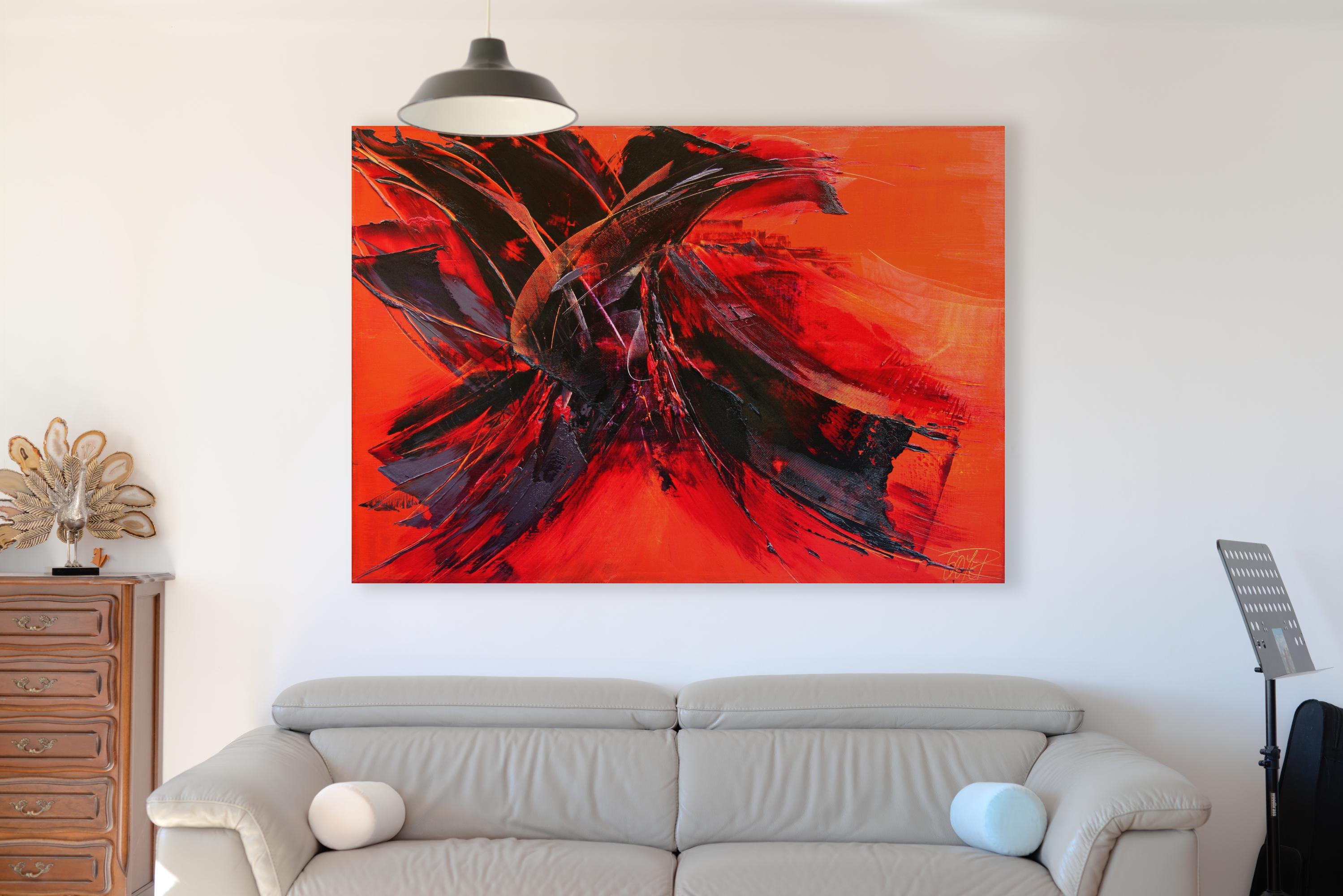 Pittura ad olio espressionista astratta dinamica rossa su nero di Jean Soyer in vendita 1