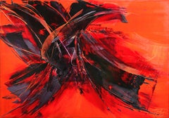 Dynamic Red on Black Abstract Expressionist Oil Painting by Jean Soyer