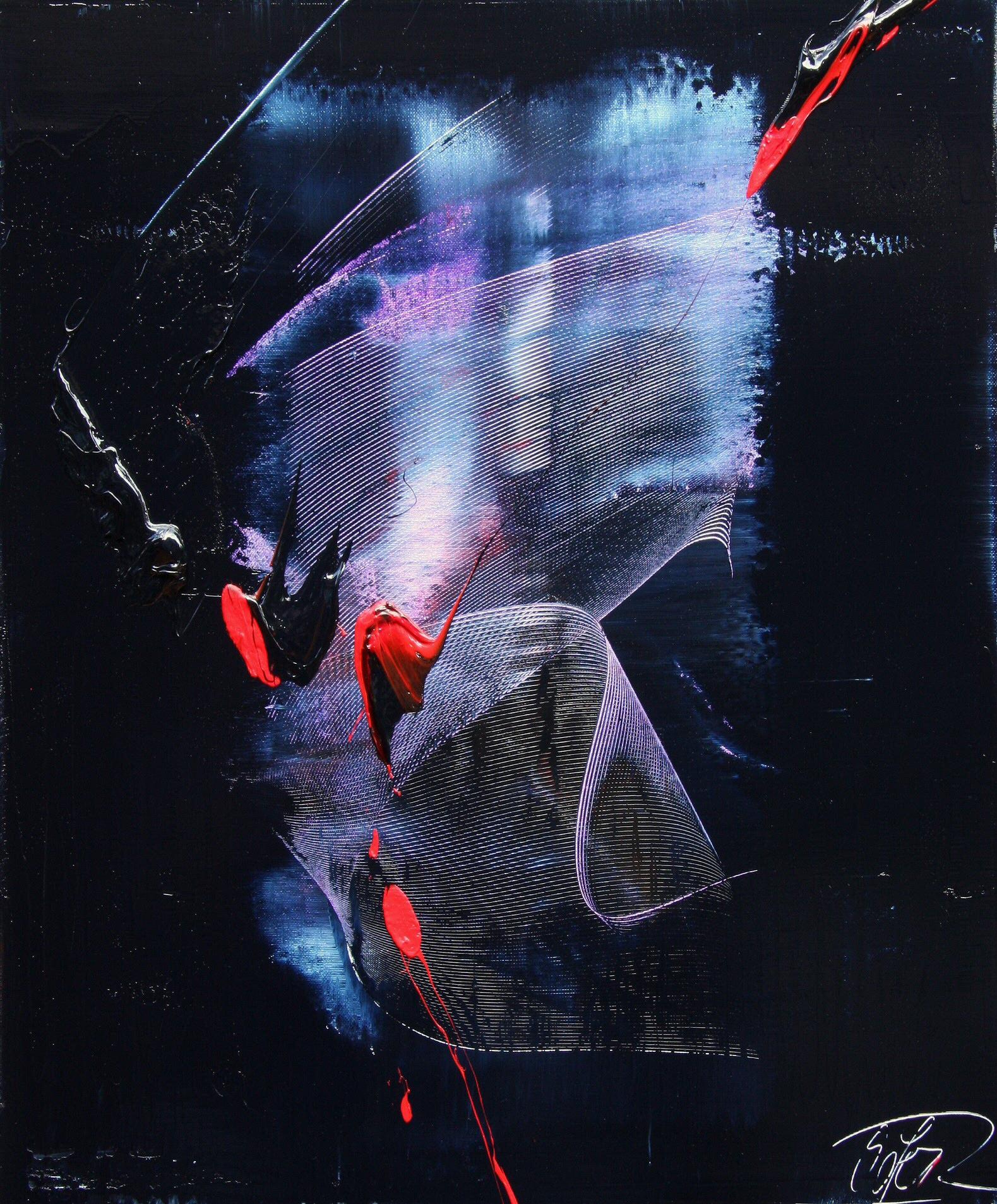 Abstract Painting di Jean Soyer - Movimento etereo: Tela astratta moderna con contrasto dinamico