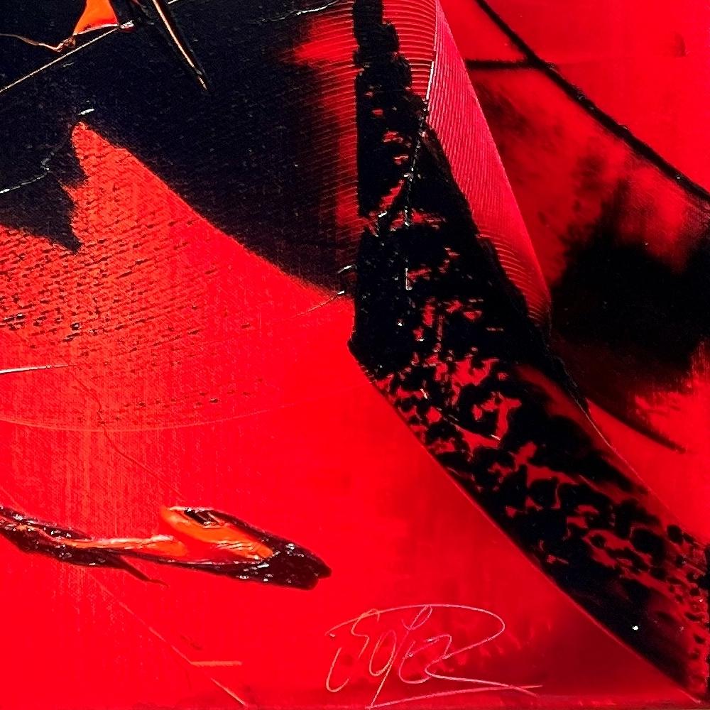 Gesti neri espressivi su sfondo rosso vibrante Pittura ad olio astratta in vendita 5