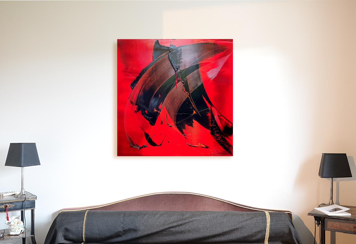 Gesti neri espressivi su sfondo rosso vibrante Pittura ad olio astratta in vendita 9
