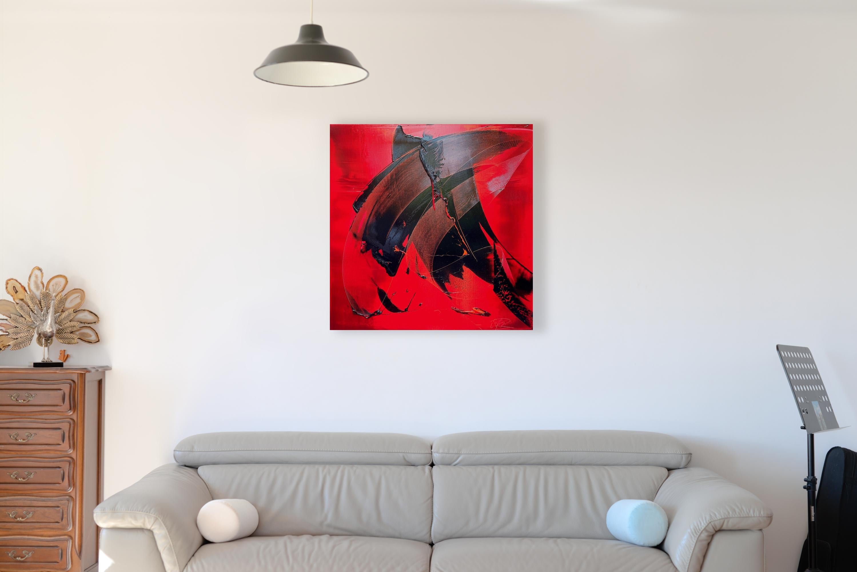 Gesti neri espressivi su sfondo rosso vibrante Pittura ad olio astratta - Painting di Jean Soyer