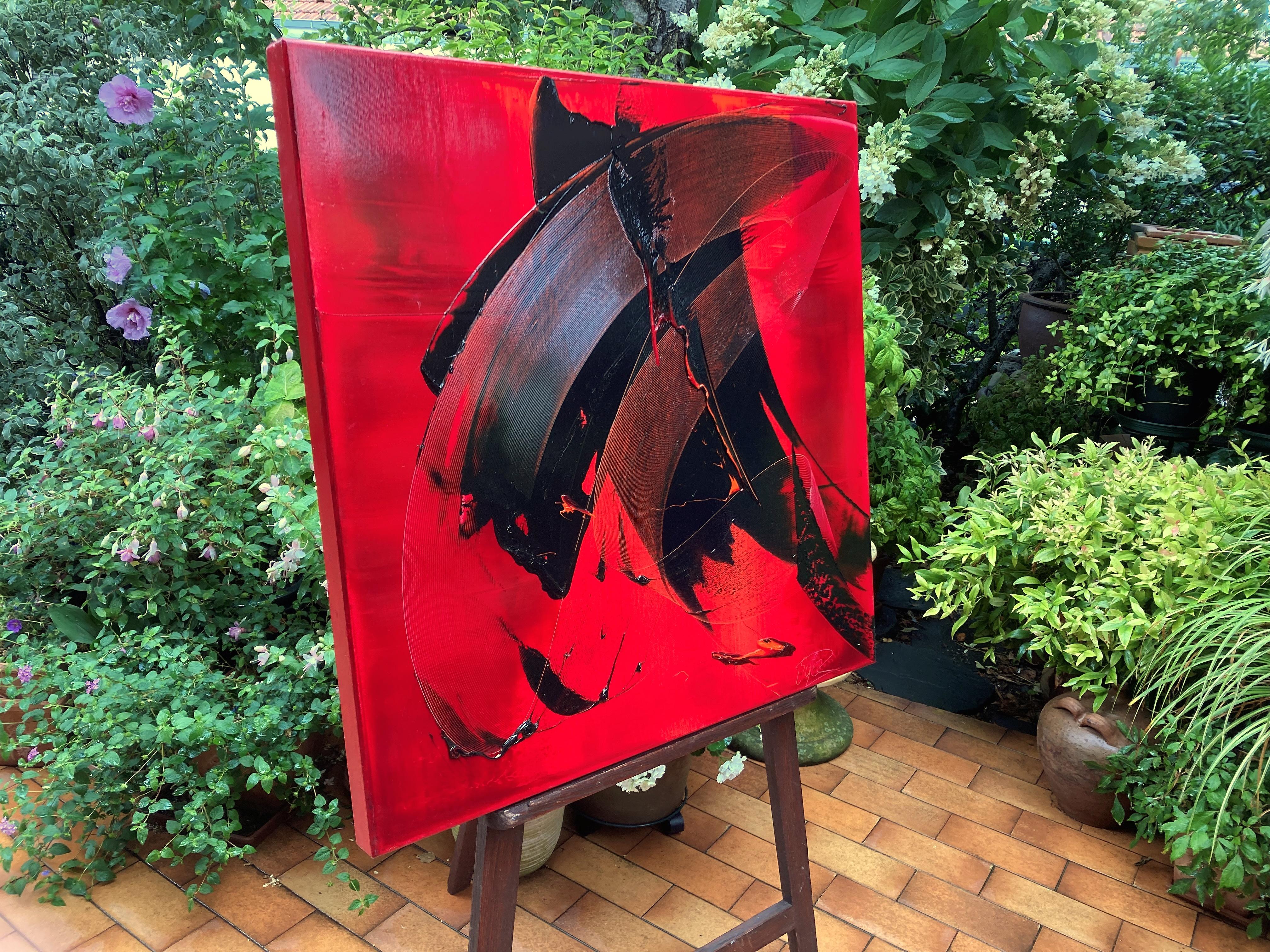Gesti neri espressivi su sfondo rosso vibrante Pittura ad olio astratta - Painting Contemporaneo di Jean Soyer