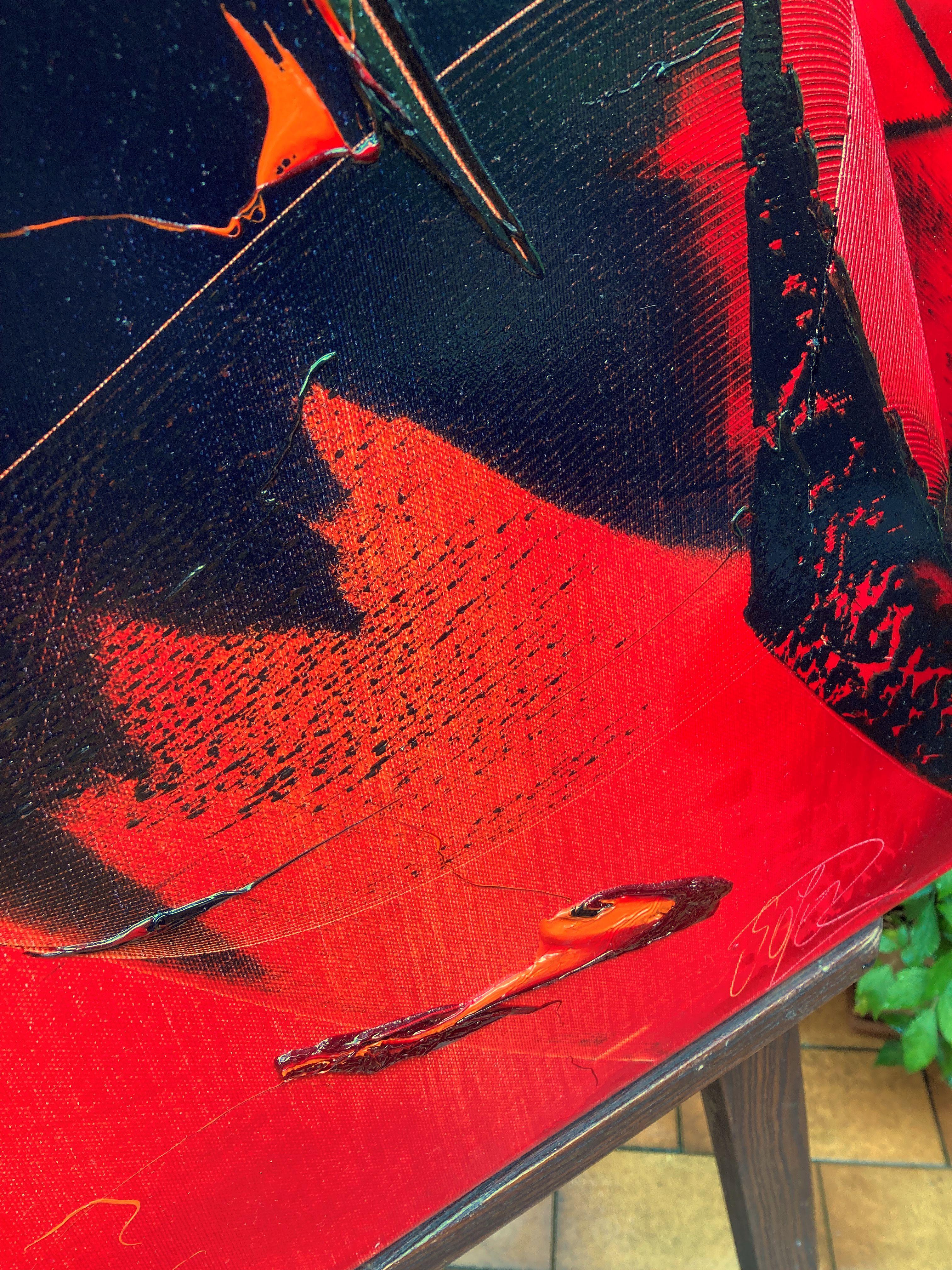 Un potente dipinto espressionista astratto con audaci pennellate nere su un vibrante sfondo rosso. L'opera misura 31,5 × 31,5 pollici (80 × 80 cm) ed è stata realizzata con pittura a olio su tela. La tecnica distintiva di Jean Soyer utilizza grandi