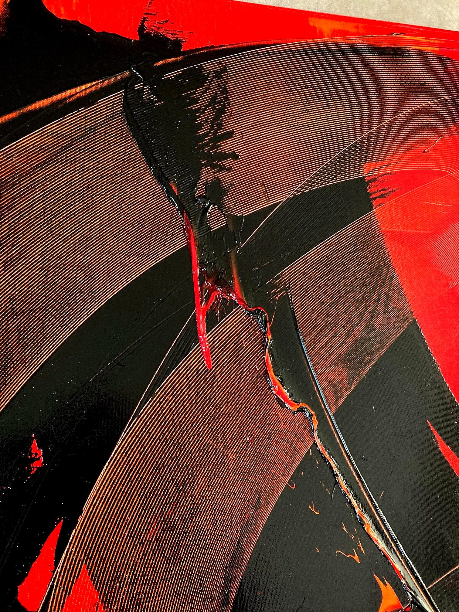 Gesti neri espressivi su sfondo rosso vibrante Pittura ad olio astratta in vendita 4