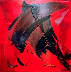 Expressive Black Gestures on Vibrant Red Background Abstract Oil Painting