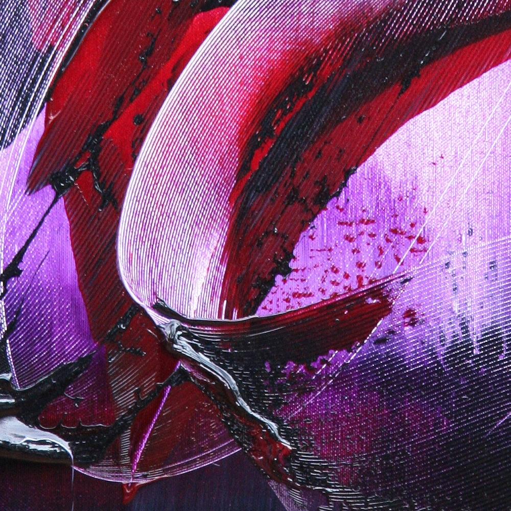 Abstraktes Ölgemälde mit roten Flecken auf dunklem Hintergrund in gesprenkelter Lila im Angebot 7