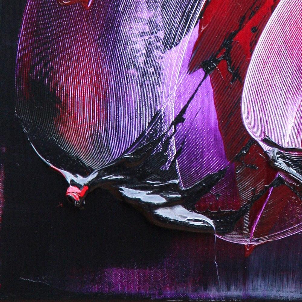 Abstraktes Ölgemälde mit roten Flecken auf dunklem Hintergrund in gesprenkelter Lila im Angebot 10