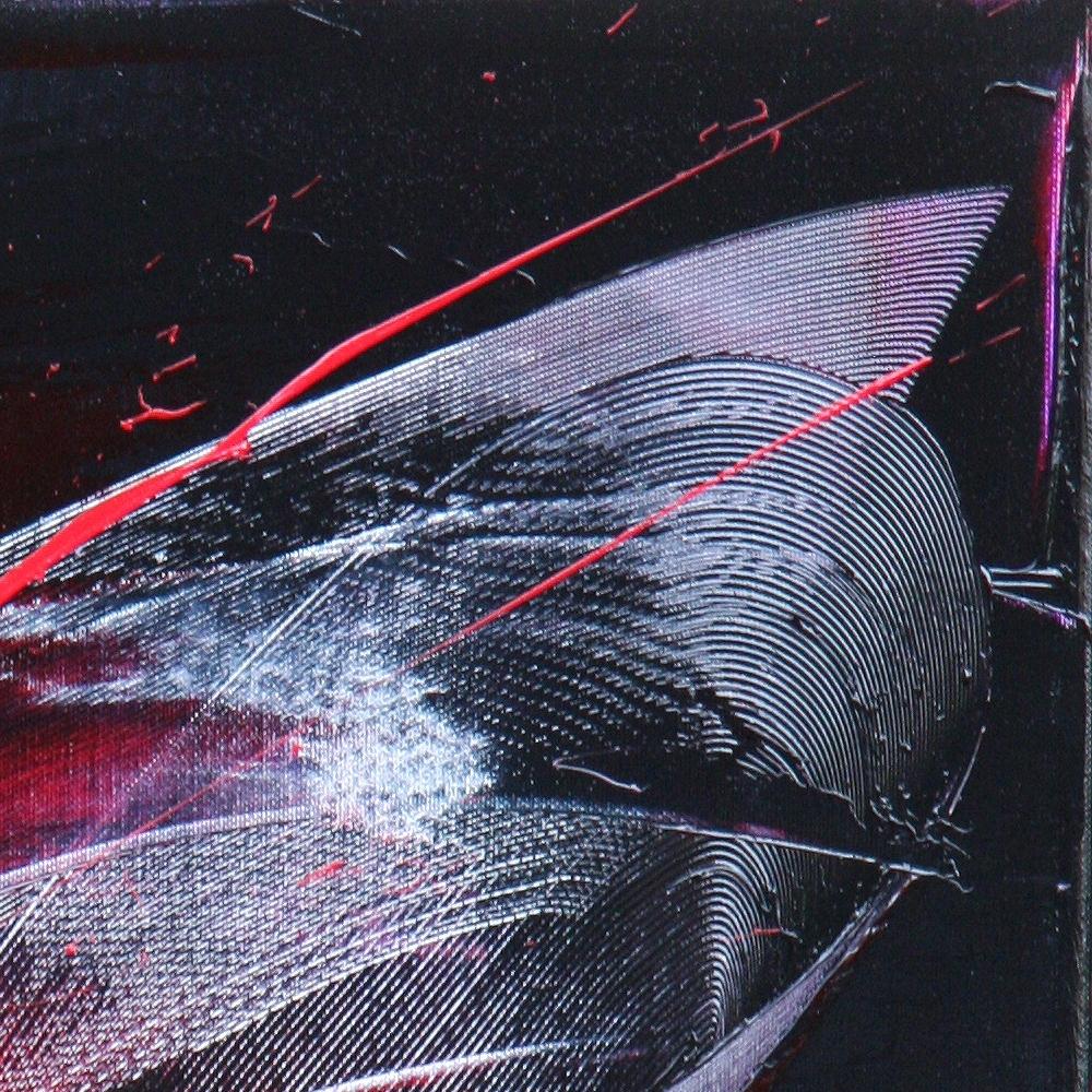 Abstraktes Ölgemälde mit roten Flecken auf dunklem Hintergrund in gesprenkelter Lila im Angebot 11