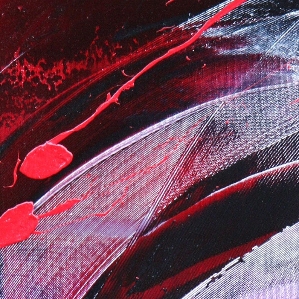 Abstraktes Ölgemälde mit roten Flecken auf dunklem Hintergrund in gesprenkelter Lila (Schwarz), Abstract Painting, von Jean Soyer