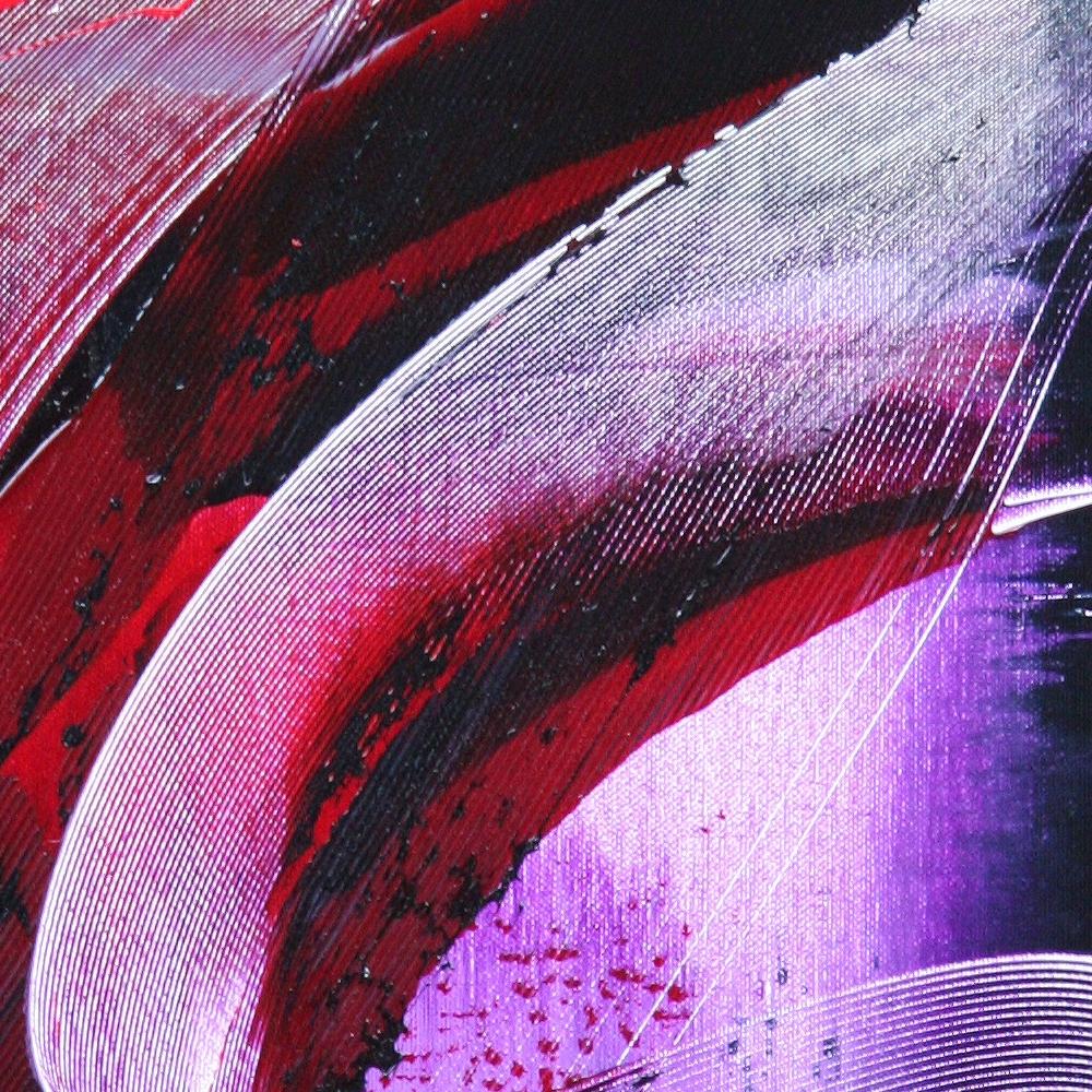 Dieses Kunstwerk in einer nicht ganz gewöhnlichen Farbpalette zeigt eine kalligrafische Kammgeste auf dunkelrotem und violettem Hintergrund. Es ist reich an Materie und Reliefs und wird durch drei rote Punkte im Vordergrund ausgeglichen.

Dieses