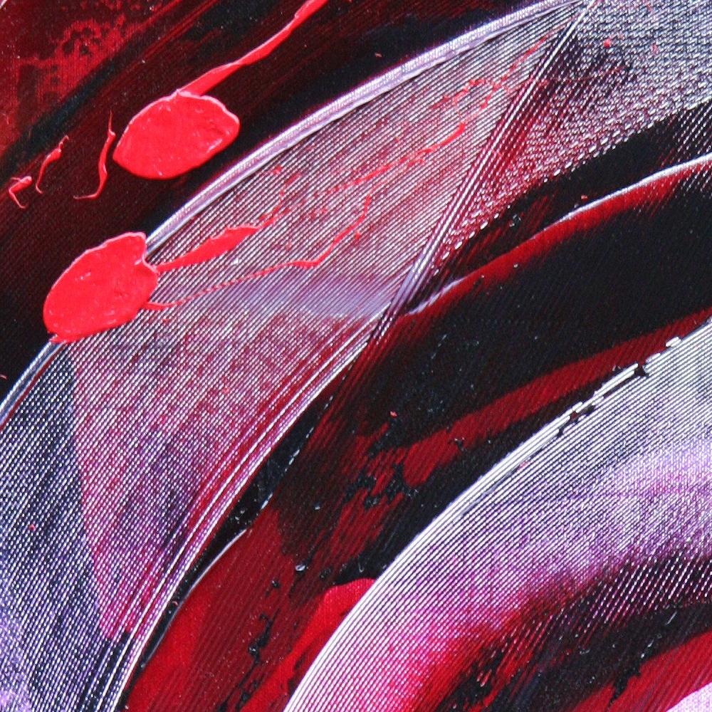 Abstraktes Ölgemälde mit roten Flecken auf dunklem Hintergrund in gesprenkelter Lila im Angebot 2