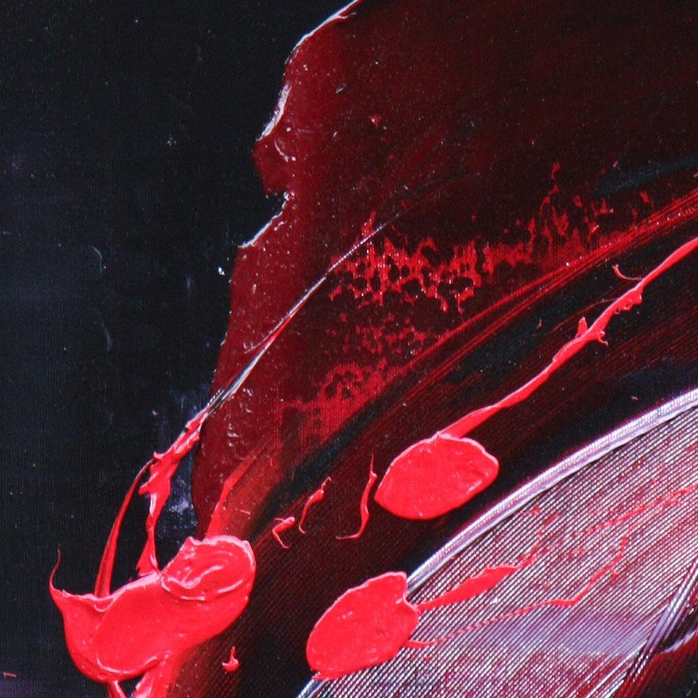 Abstraktes Ölgemälde mit roten Flecken auf dunklem Hintergrund in gesprenkelter Lila im Angebot 3