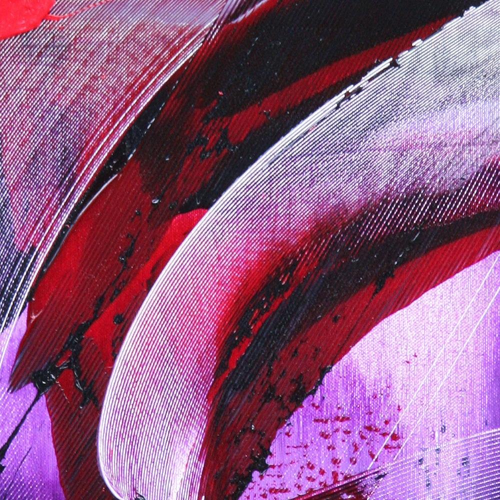 Abstraktes Ölgemälde mit roten Flecken auf dunklem Hintergrund in gesprenkelter Lila im Angebot 4