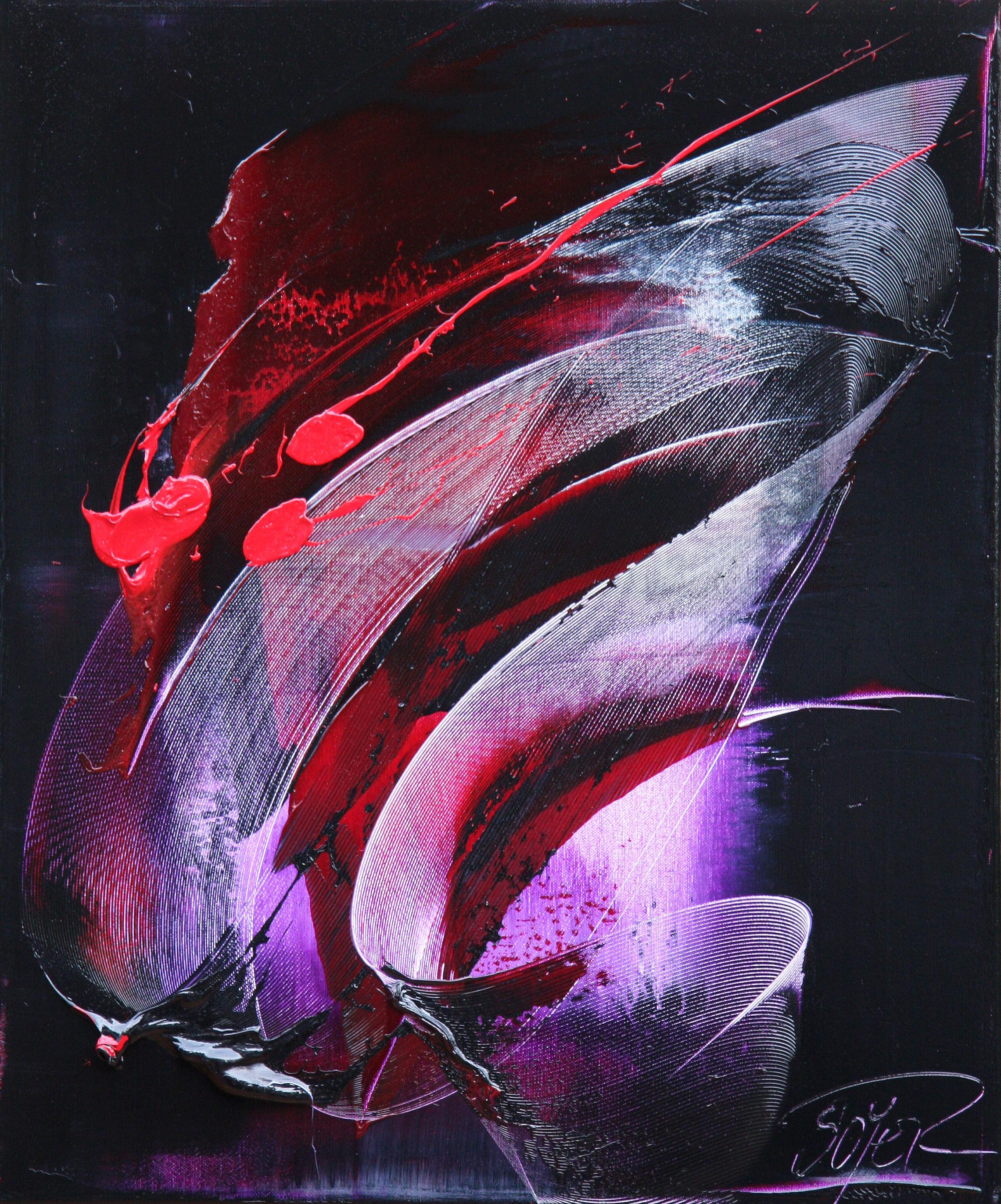 Jean Soyer Abstract Painting – Abstraktes Ölgemälde mit roten Flecken auf dunklem Hintergrund in gesprenkelter Lila