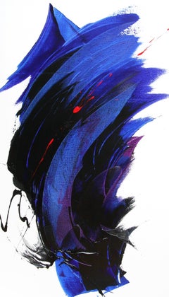 Grande peinture à l'huile abstraite sans titre représentant des nuances de noir, de violet et de bleu avec des nuances de rouge